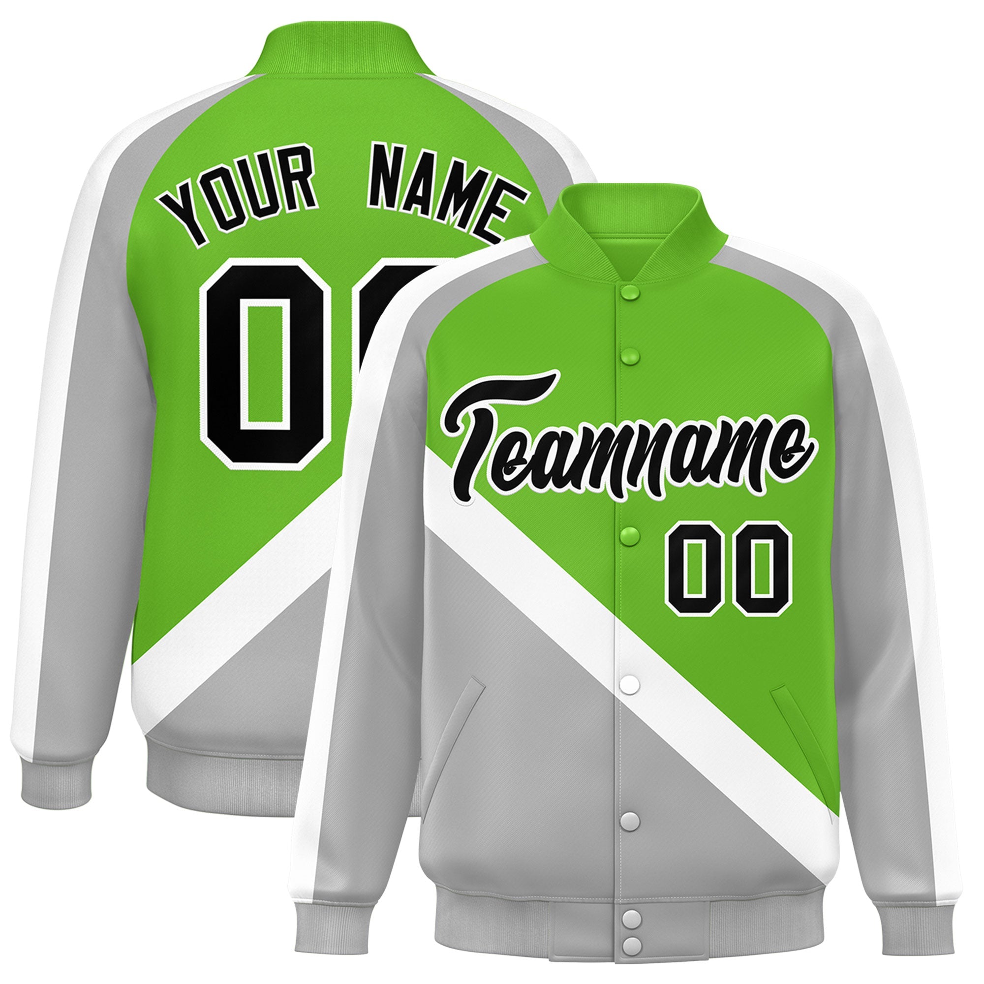 Custom Green Gray Raglan Sleeves Varsity Full-Snap Letterman Baseball Jacket