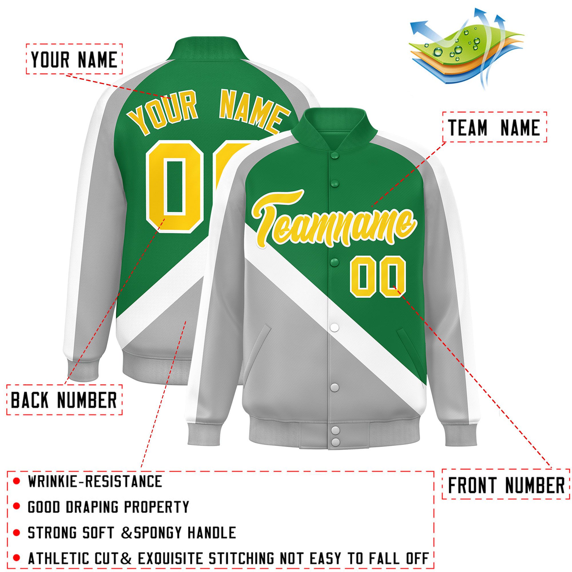 Custom Kelly Green Gray Raglan Sleeves Varsity Full-Snap Letterman Baseball Jacket