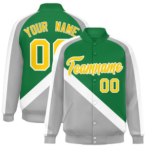 Custom Kelly Green Gray Raglan Sleeves Varsity Full-Snap Letterman Baseball Jacket