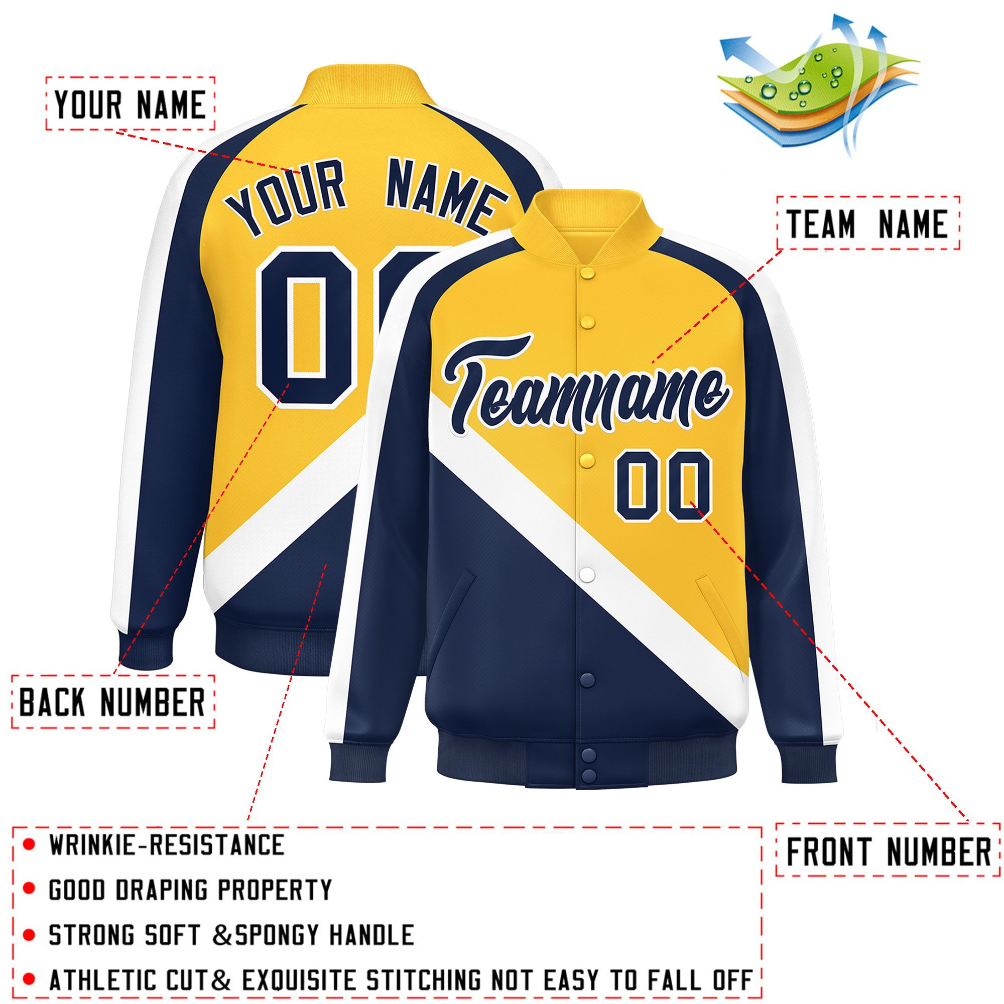 Custom Gold Navy Raglan Sleeves Varsity Full-Snap Letterman Baseball Jacket