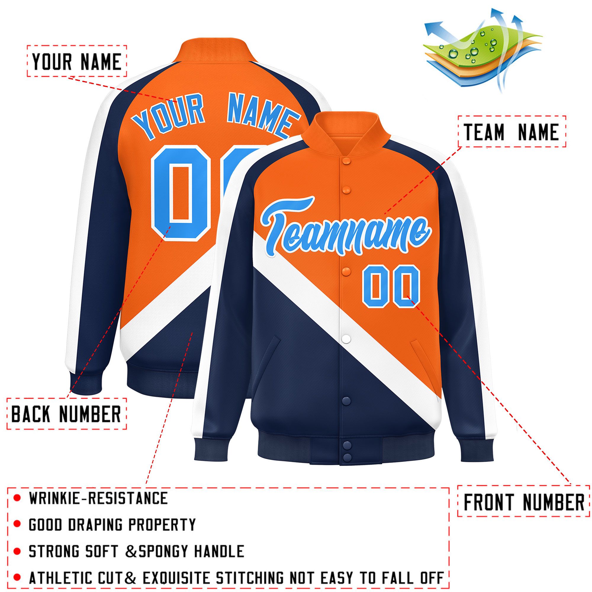 Custom Orange Navy Raglan Sleeves Varsity Full-Snap Letterman Baseball Jacket