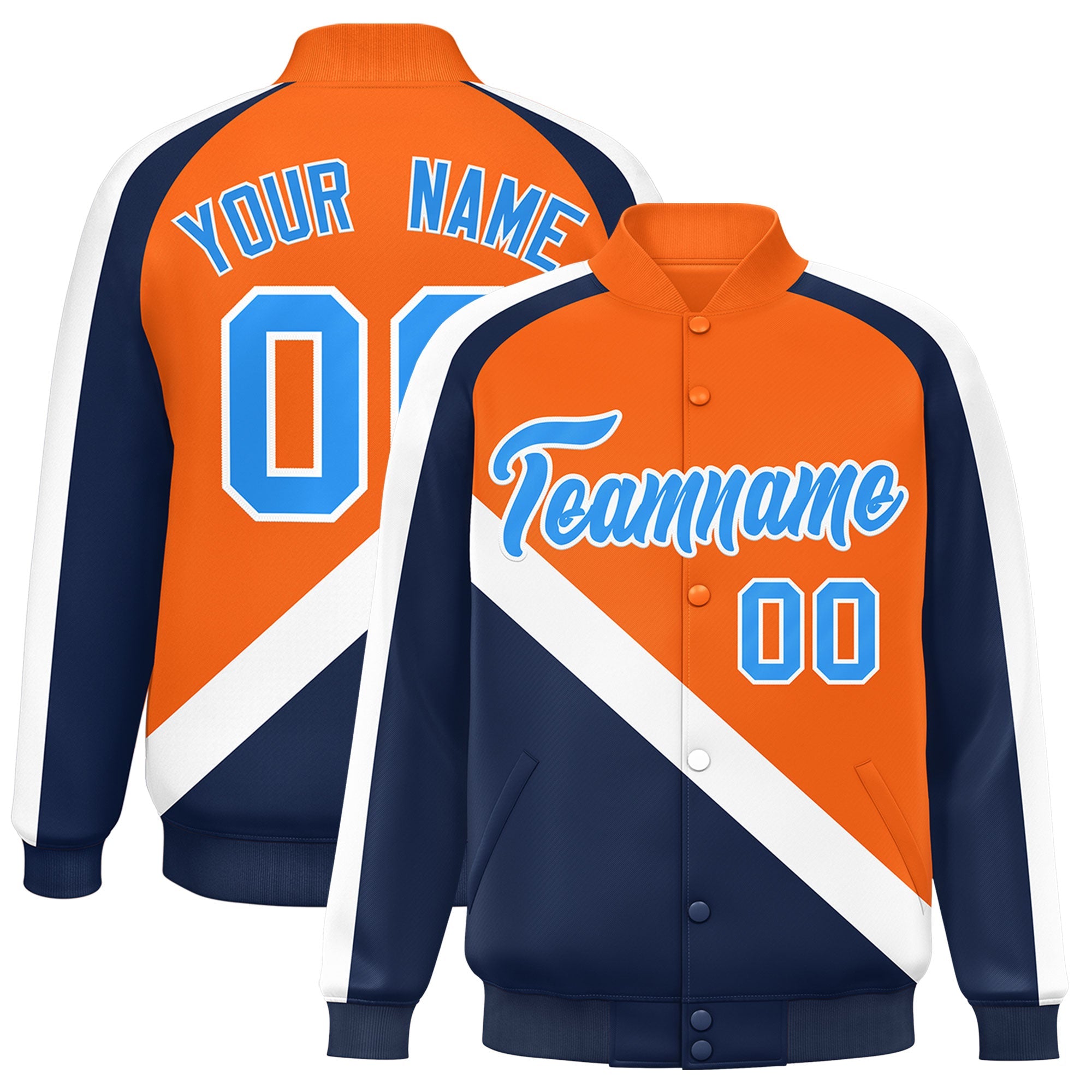 Custom Orange Navy Raglan Sleeves Varsity Full-Snap Letterman Baseball Jacket