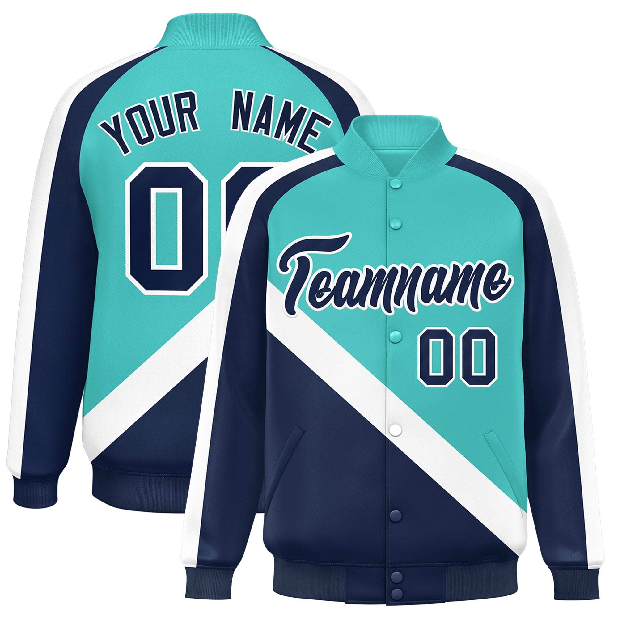 Custom Bright Green Navy Raglan Sleeves Varsity Full-Snap Letterman Baseball Jacket