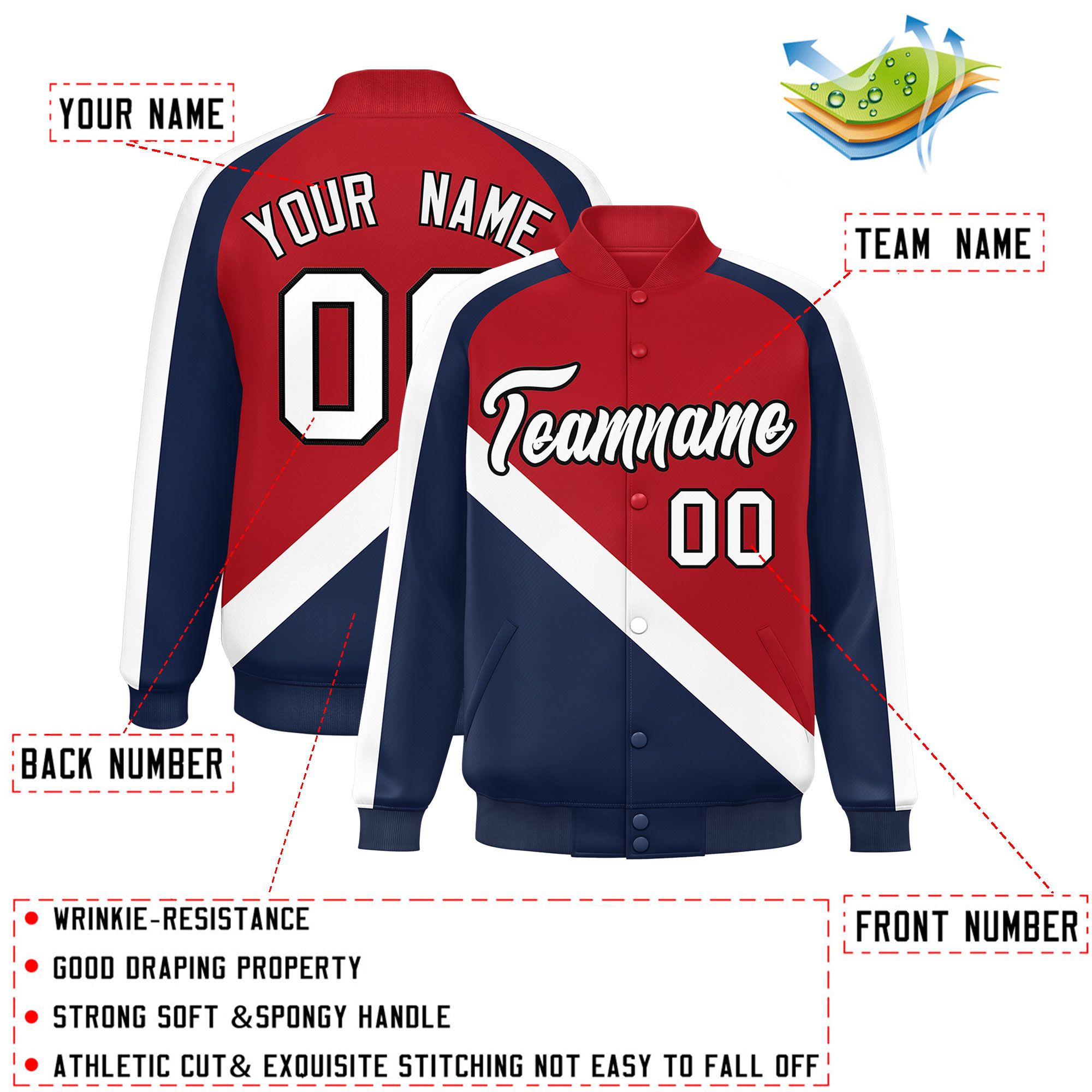 Custom Red Navy Raglan Sleeves Varsity Full-Snap Letterman Baseball Jacket