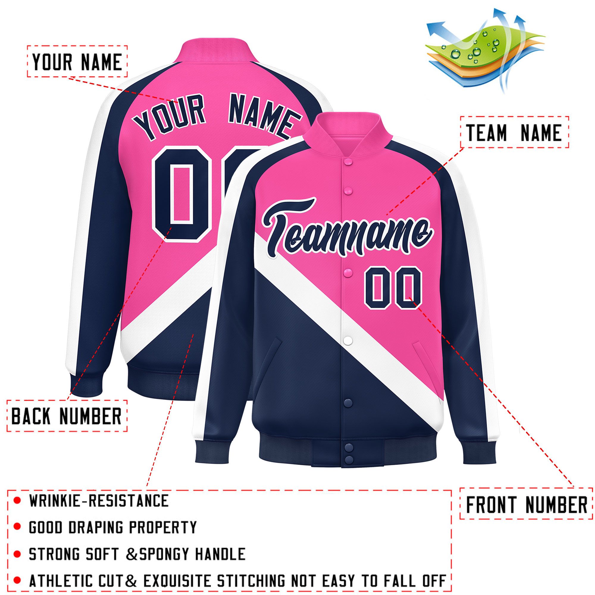 Custom Pink Navy Raglan Sleeves Varsity Full-Snap Letterman Baseball Jacket