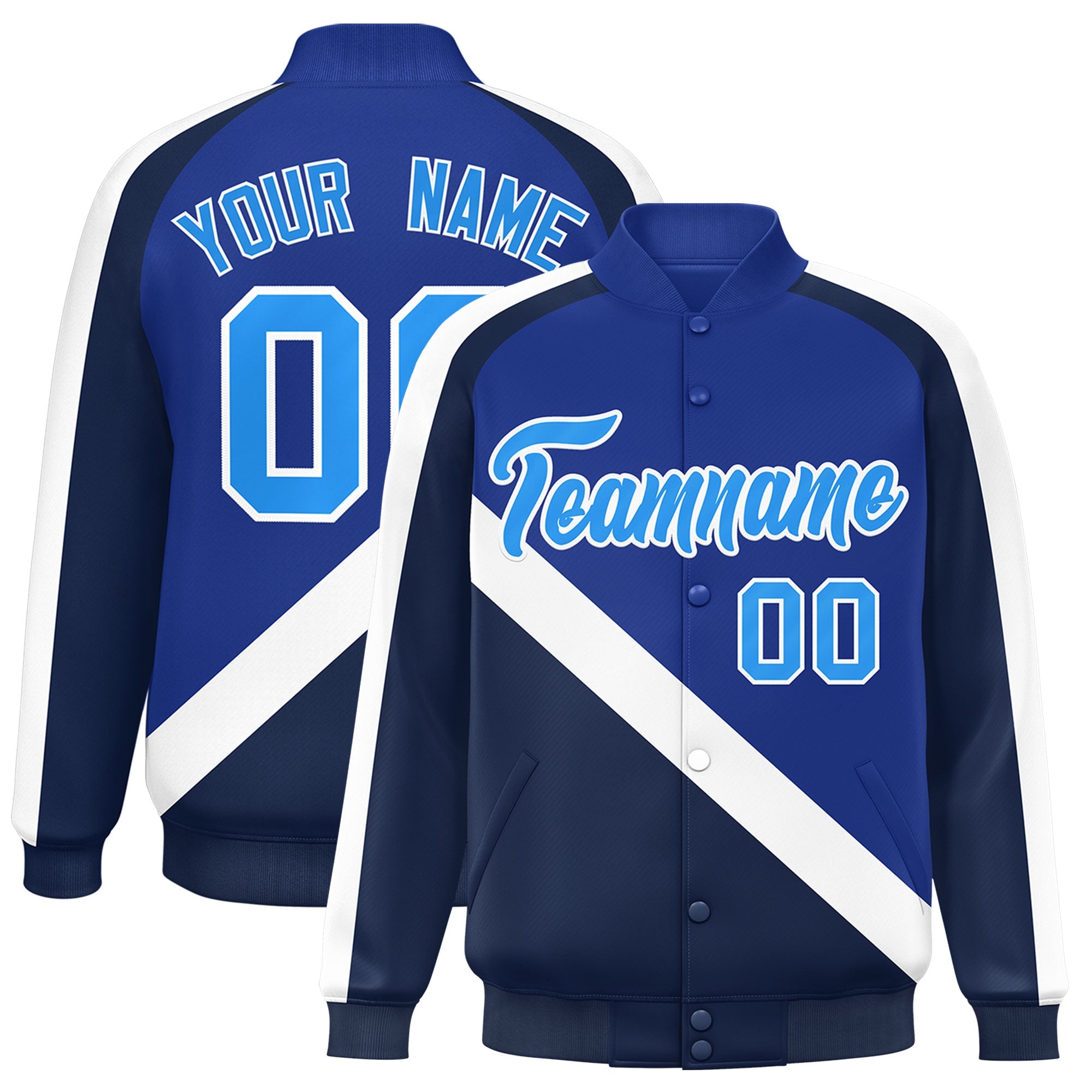 Custom Royal Navy Raglan Sleeves Varsity Full-Snap Letterman Baseball Jacket