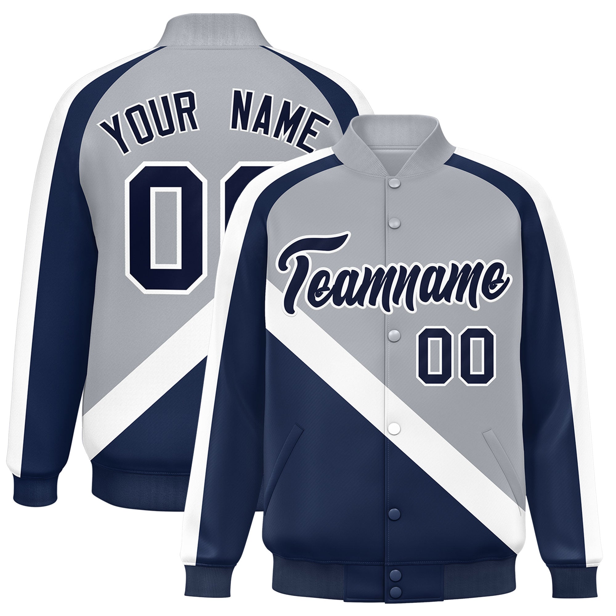 Custom Gray Navy Raglan Sleeves Varsity Full-Snap Letterman Baseball Jacket