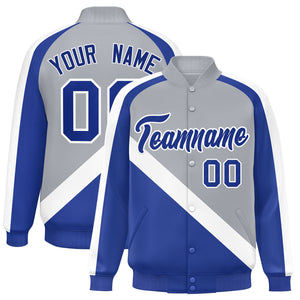 Custom Gray Royal Raglan Sleeves Varsity Full-Snap Letterman Baseball Jacket