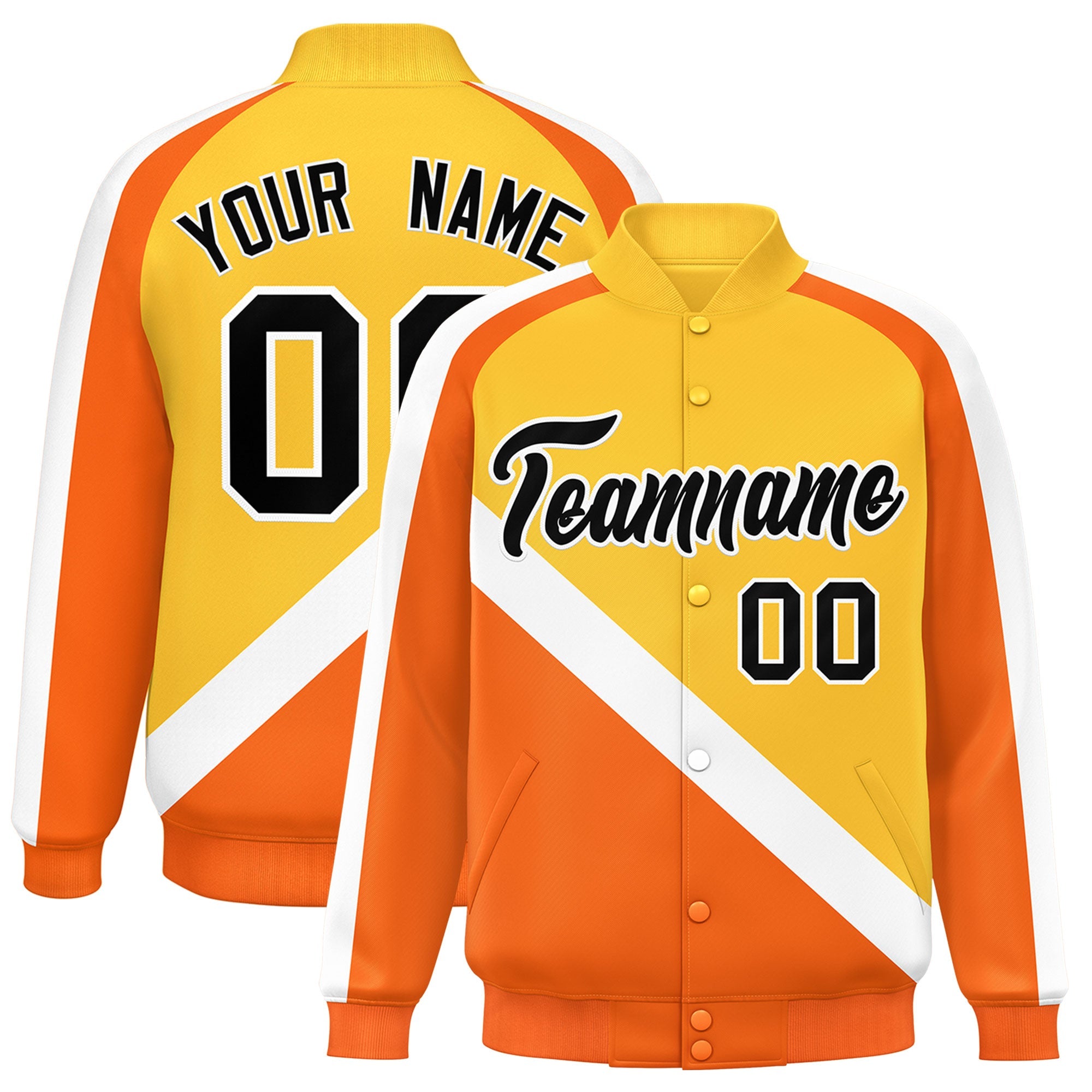 Custom Gold Orange Raglan Sleeves Varsity Full-Snap Letterman Baseball Jacket