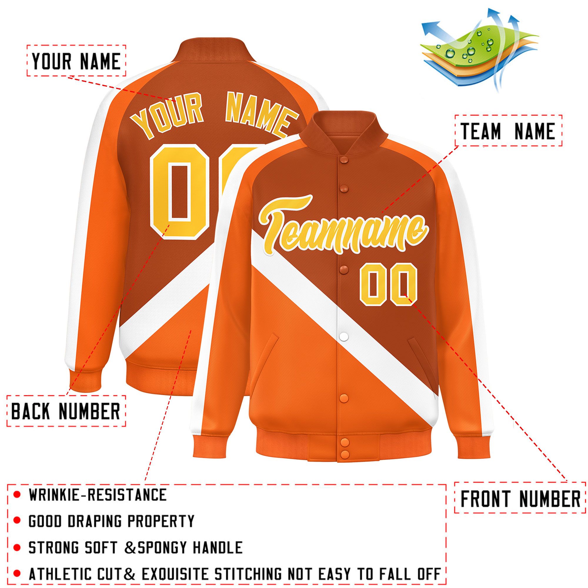 Custom Texas Orange Orange Raglan Sleeves Varsity Full-Snap Letterman Baseball Jacket