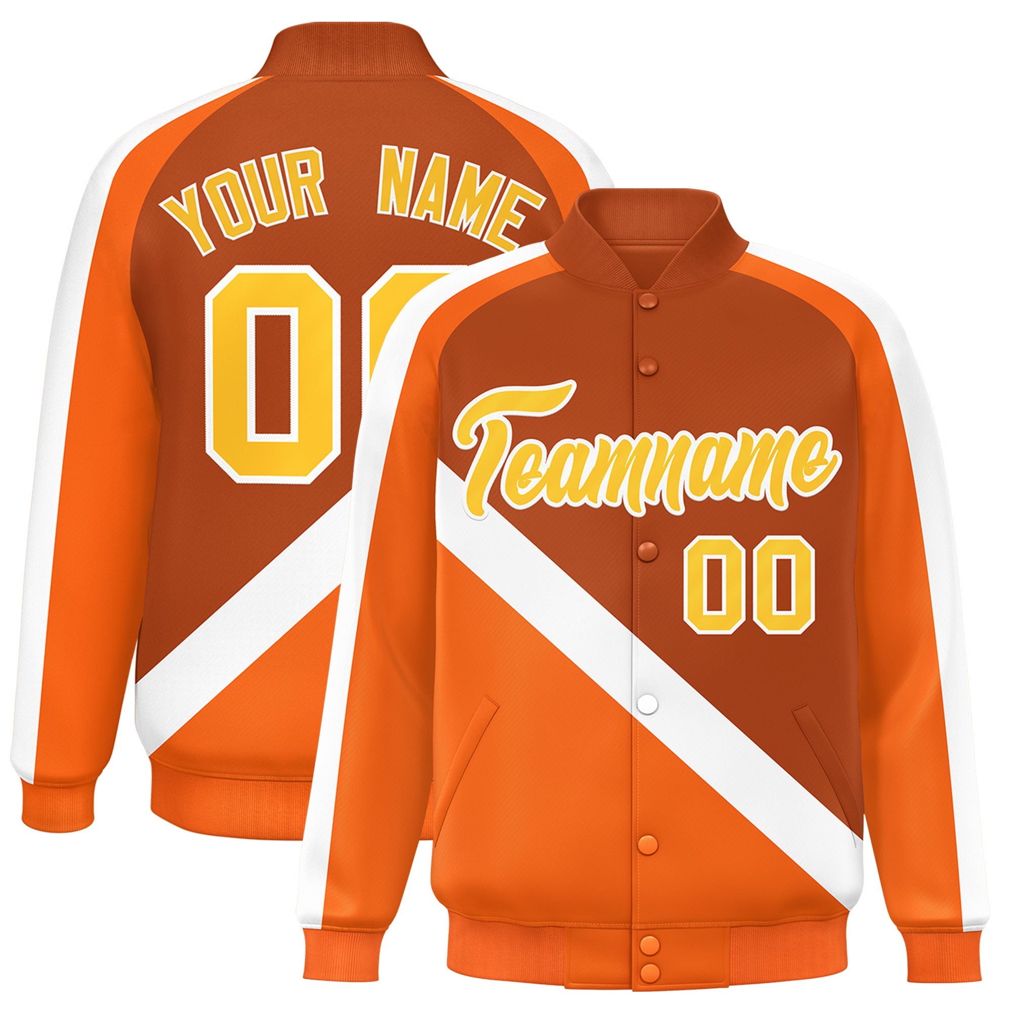 Custom Texas Orange Orange Raglan Sleeves Varsity Full-Snap Letterman Baseball Jacket