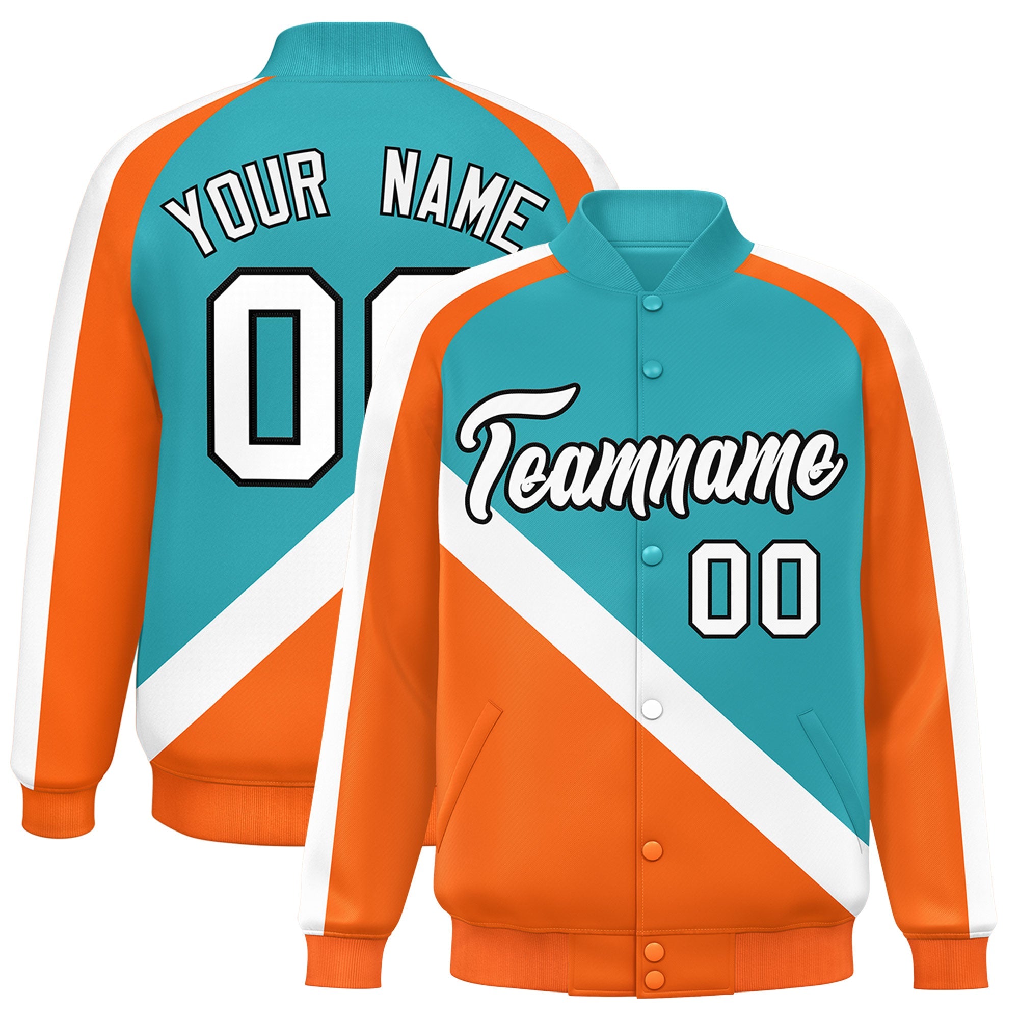 Custom Aqua Orange Raglan Sleeves Varsity Full-Snap Letterman Baseball Jacket