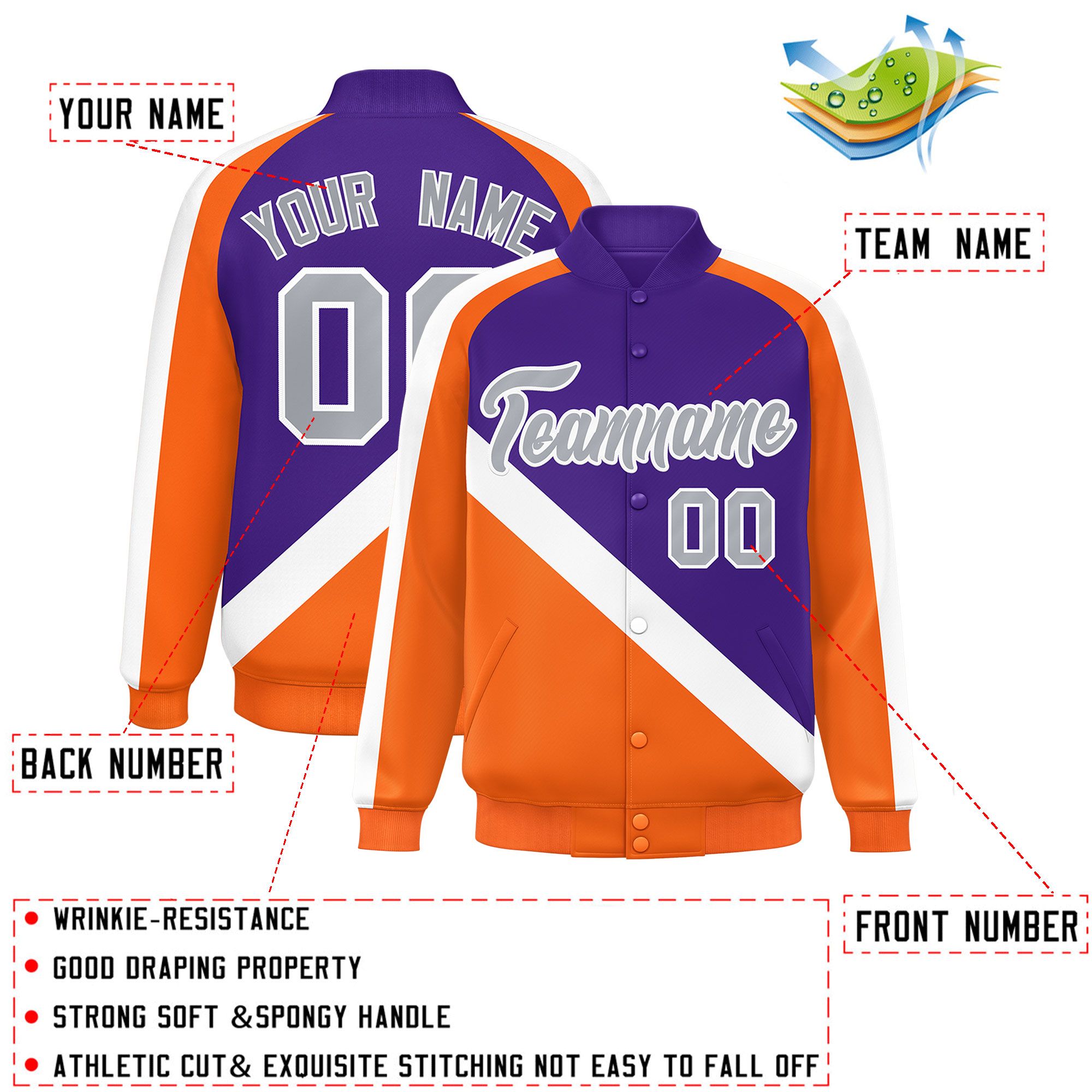 Custom Purple Orange Raglan Sleeves Varsity Full-Snap Letterman Baseball Jacket