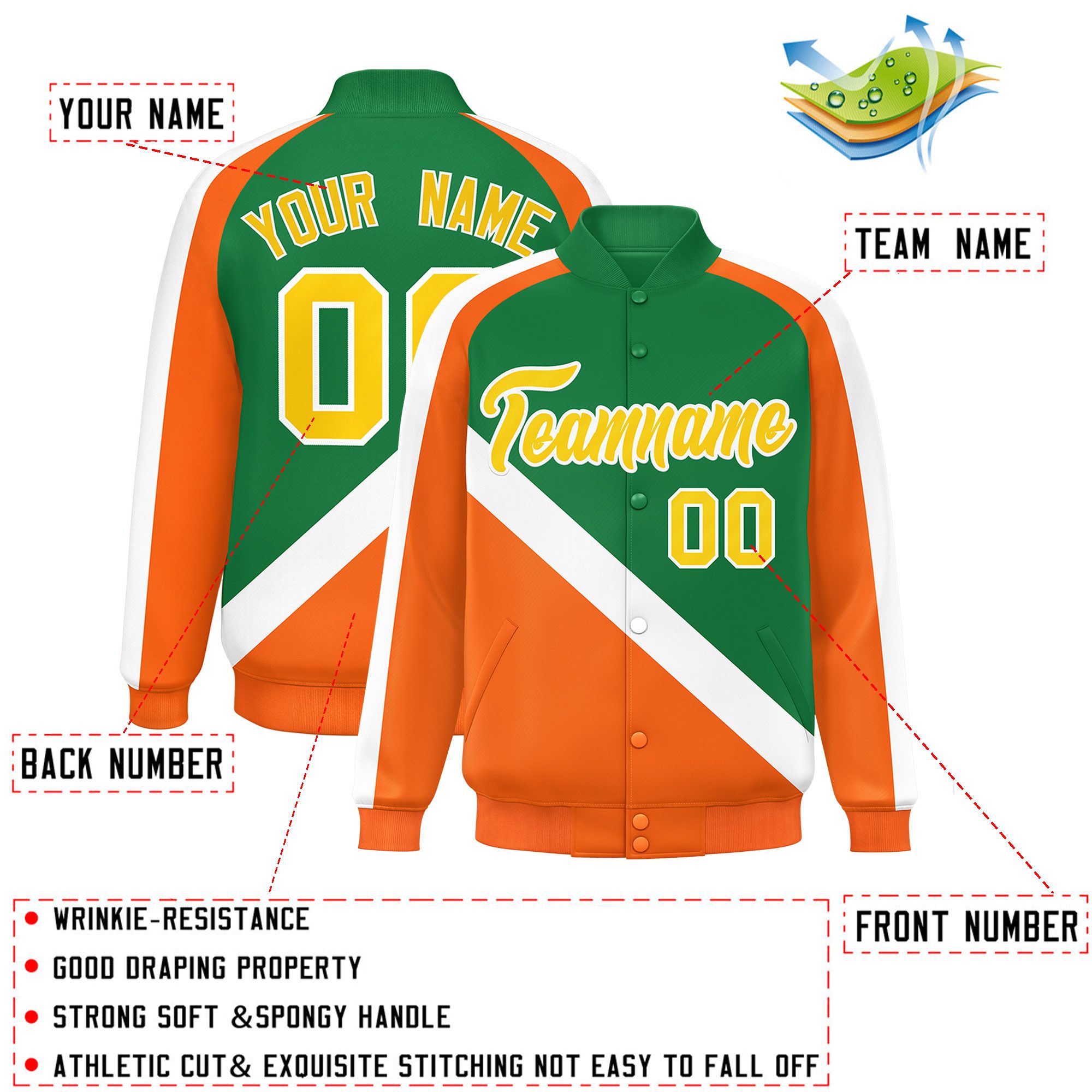 Custom Kelly Green Orange Raglan Sleeves Varsity Full-Snap Letterman Baseball Jacket