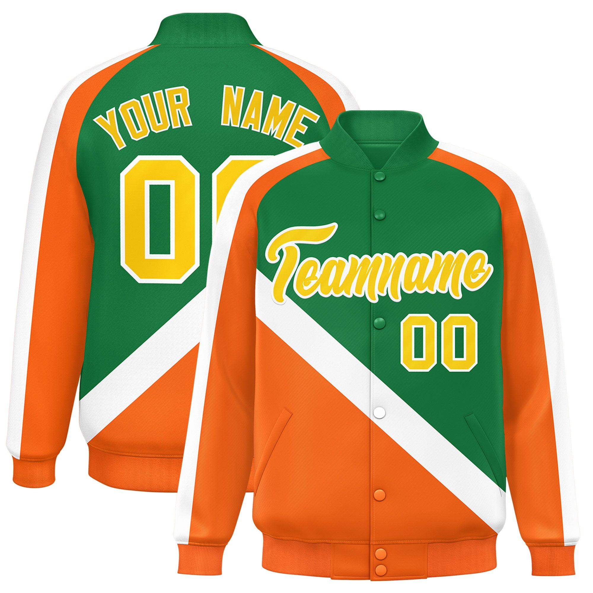 Custom Kelly Green Orange Raglan Sleeves Varsity Full-Snap Letterman Baseball Jacket