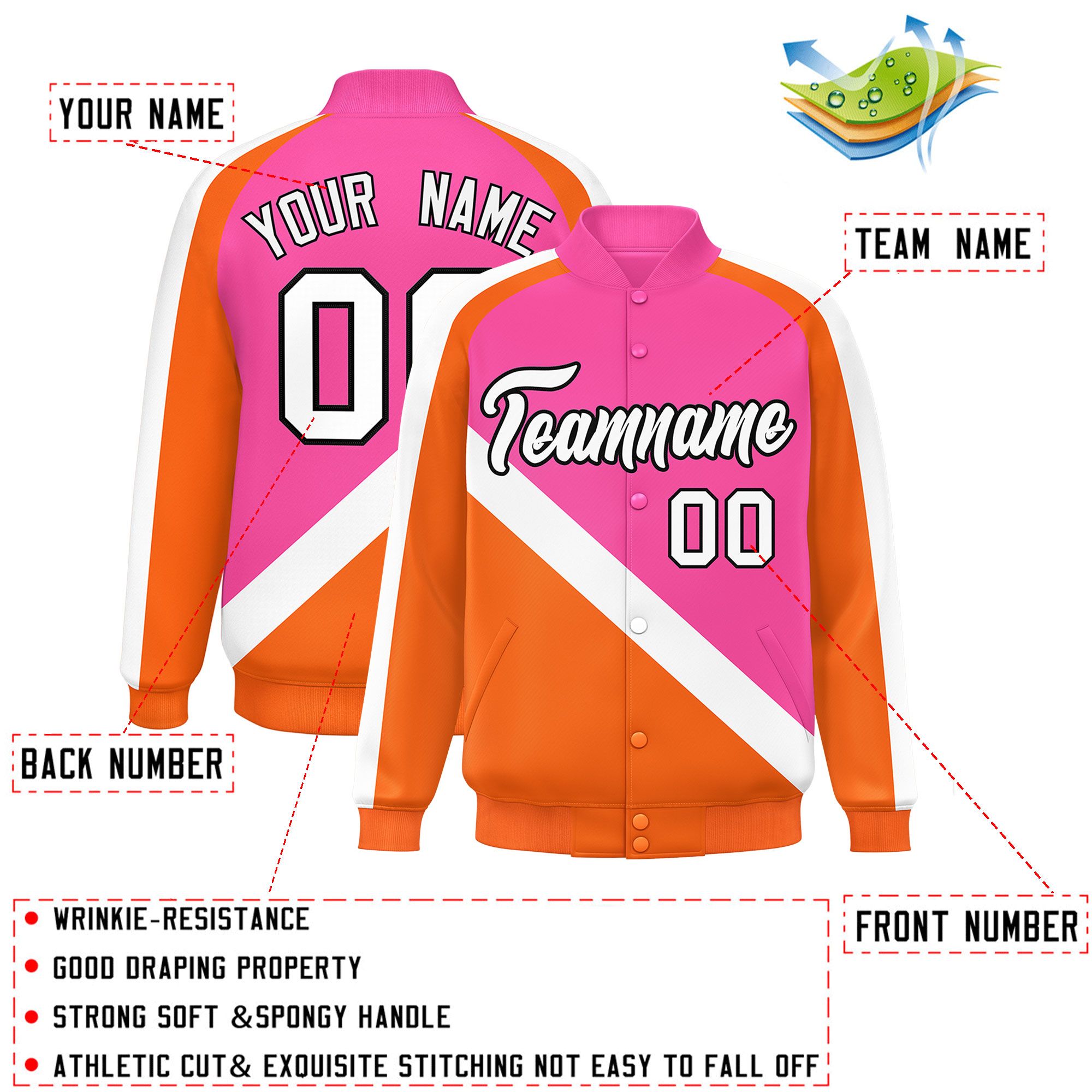 Custom Pink Orange Raglan Sleeves Varsity Full-Snap Letterman Baseball Jacket