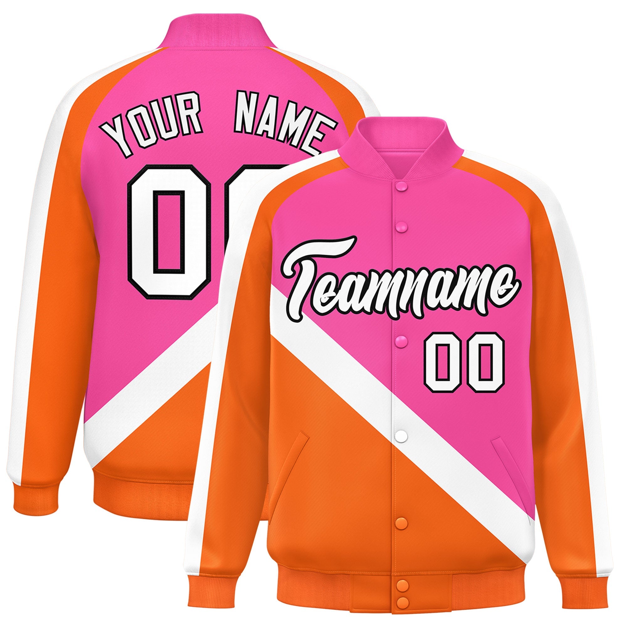 Custom Pink Orange Raglan Sleeves Varsity Full-Snap Letterman Baseball Jacket