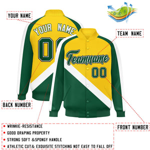 Custom Gold Green Raglan Sleeves Varsity Full-Snap Letterman Baseball Jacket