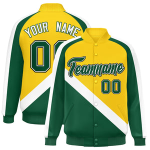 Custom Gold Green Raglan Sleeves Varsity Full-Snap Letterman Baseball Jacket