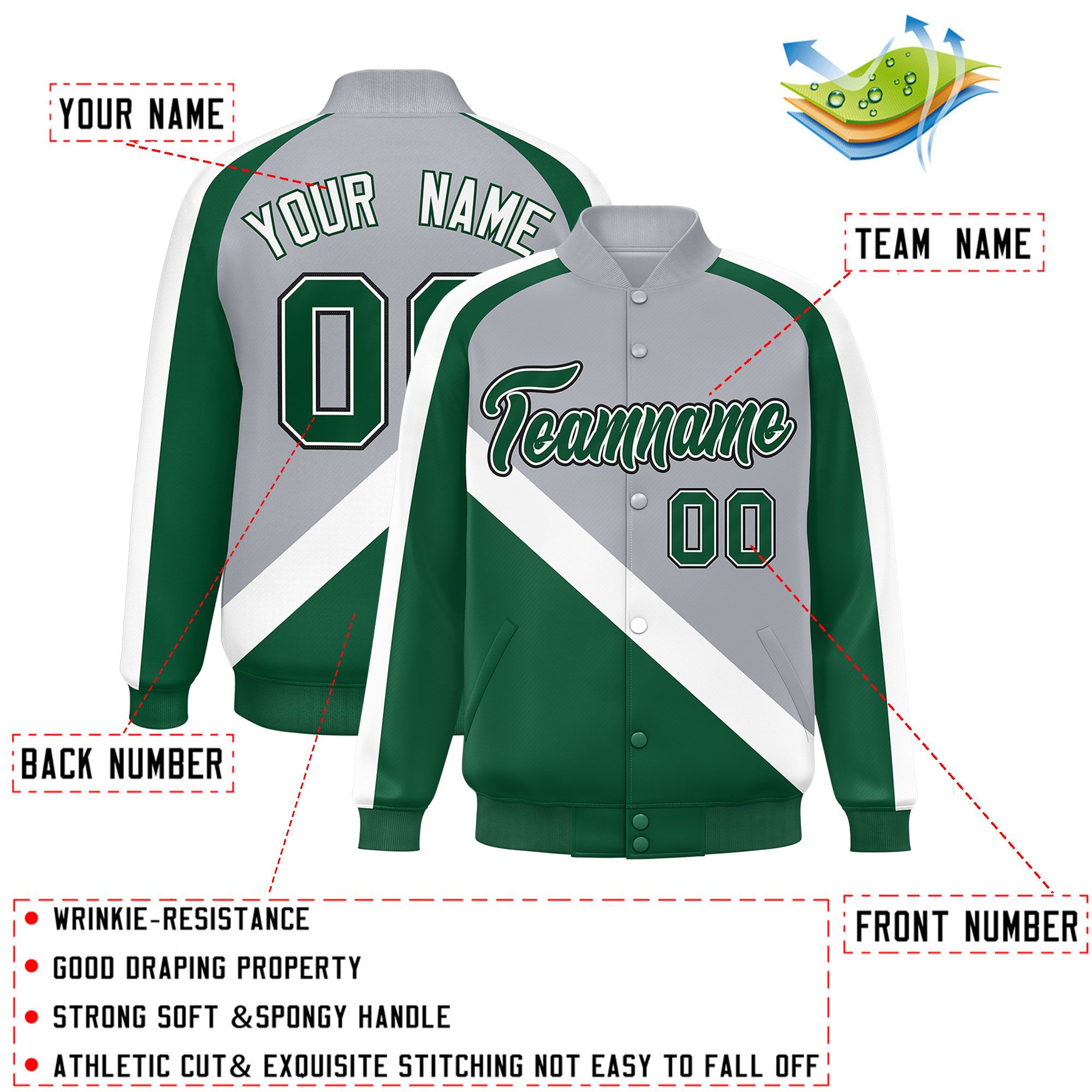 Custom Gray Green Raglan Sleeves Varsity Full-Snap Letterman Baseball Jacket