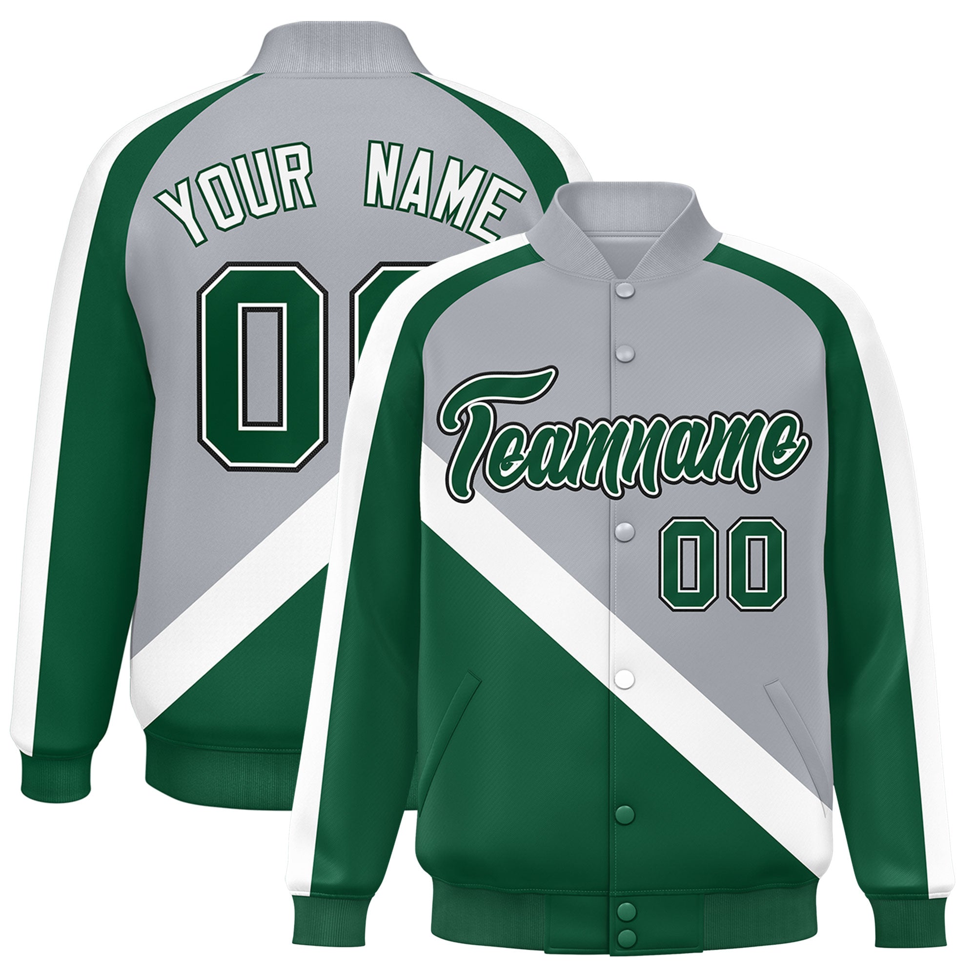 Custom Gray Green Raglan Sleeves Varsity Full-Snap Letterman Baseball Jacket