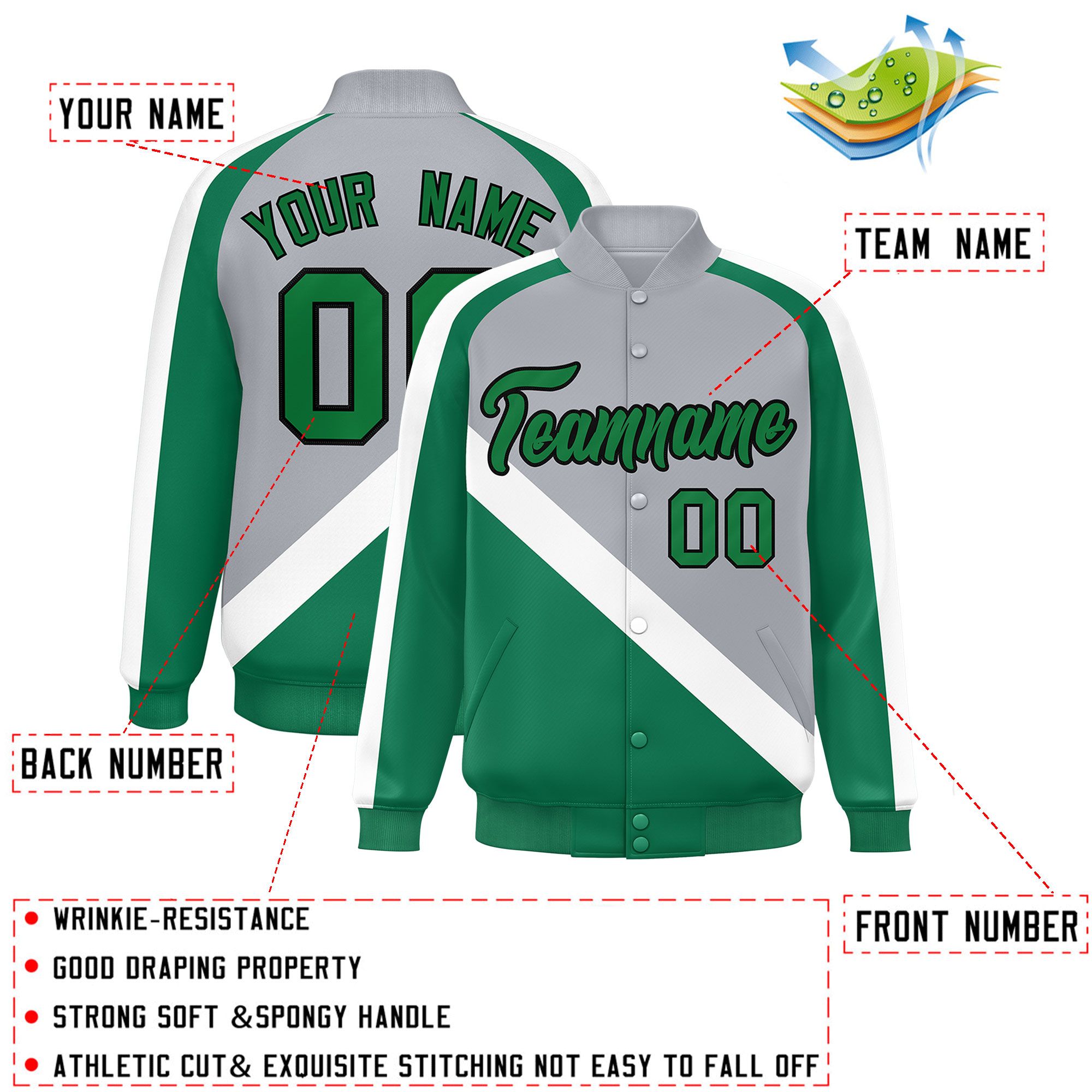 Custom Gray Kelly Green Raglan Sleeves Varsity Full-Snap Letterman Baseball Jacket