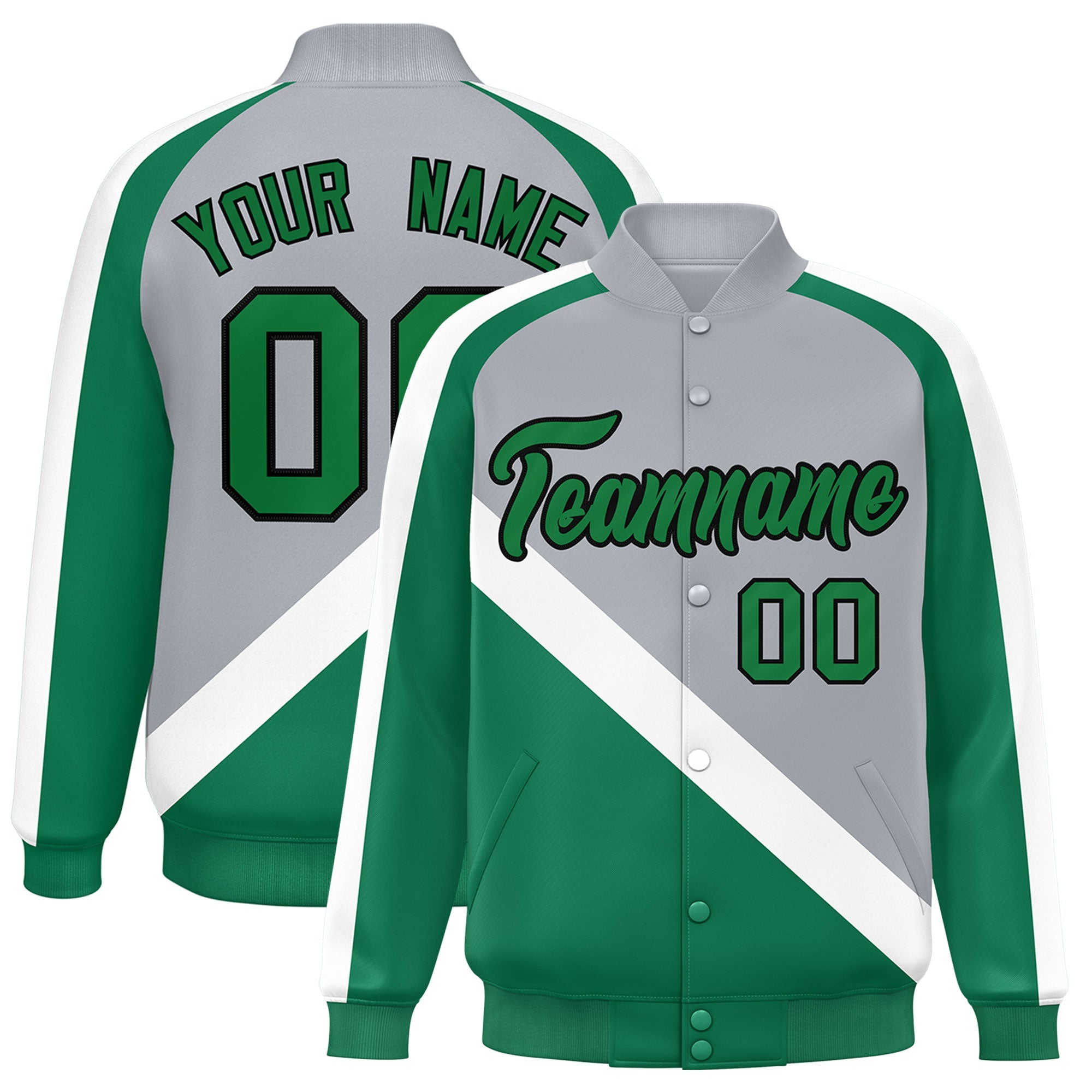 Custom Gray Kelly Green Raglan Sleeves Varsity Full-Snap Letterman Baseball Jacket