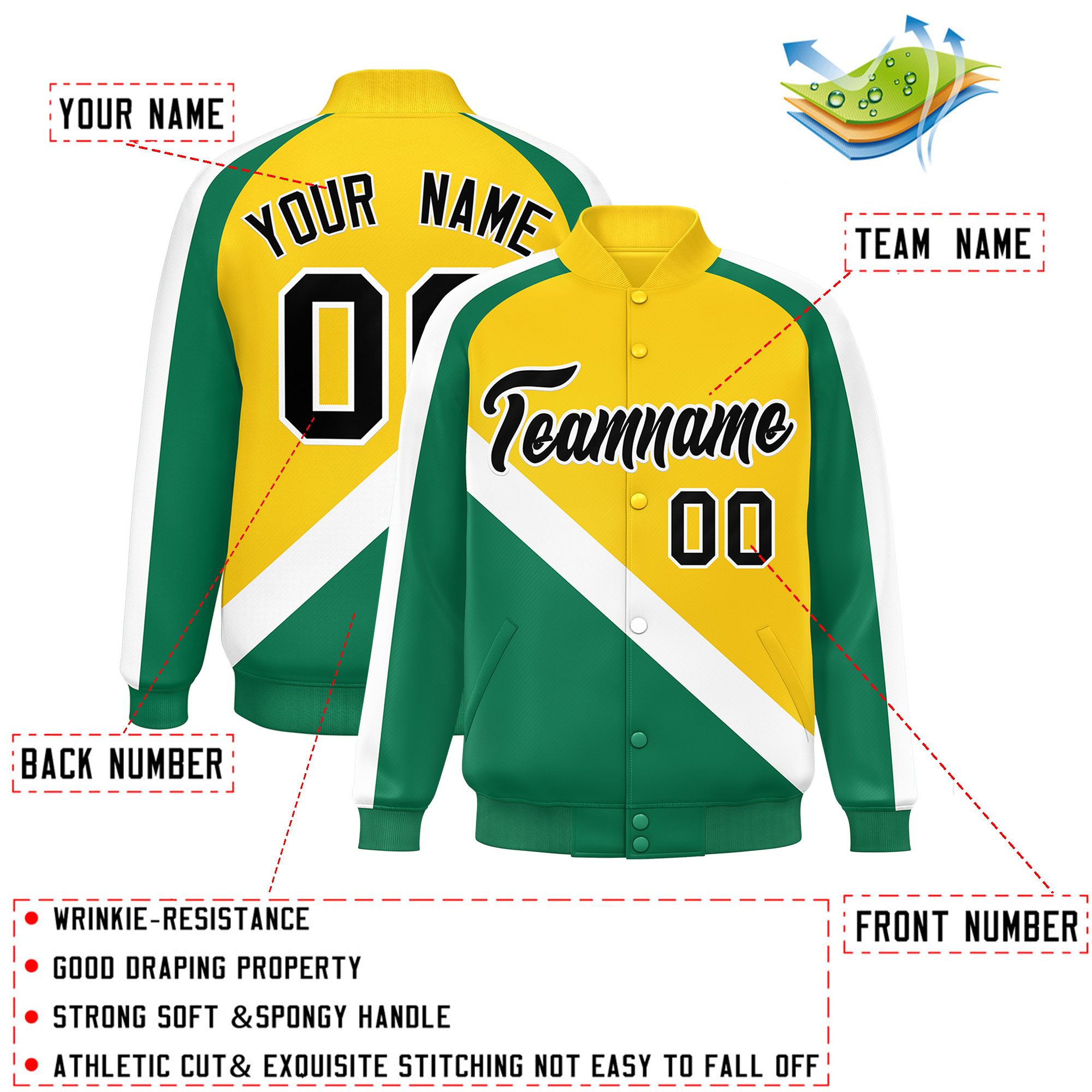 Custom Gold Kelly Green Raglan Sleeves Varsity Full-Snap Letterman Baseball Jacket