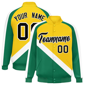 Custom Gold Kelly Green Raglan Sleeves Varsity Full-Snap Letterman Baseball Jacket