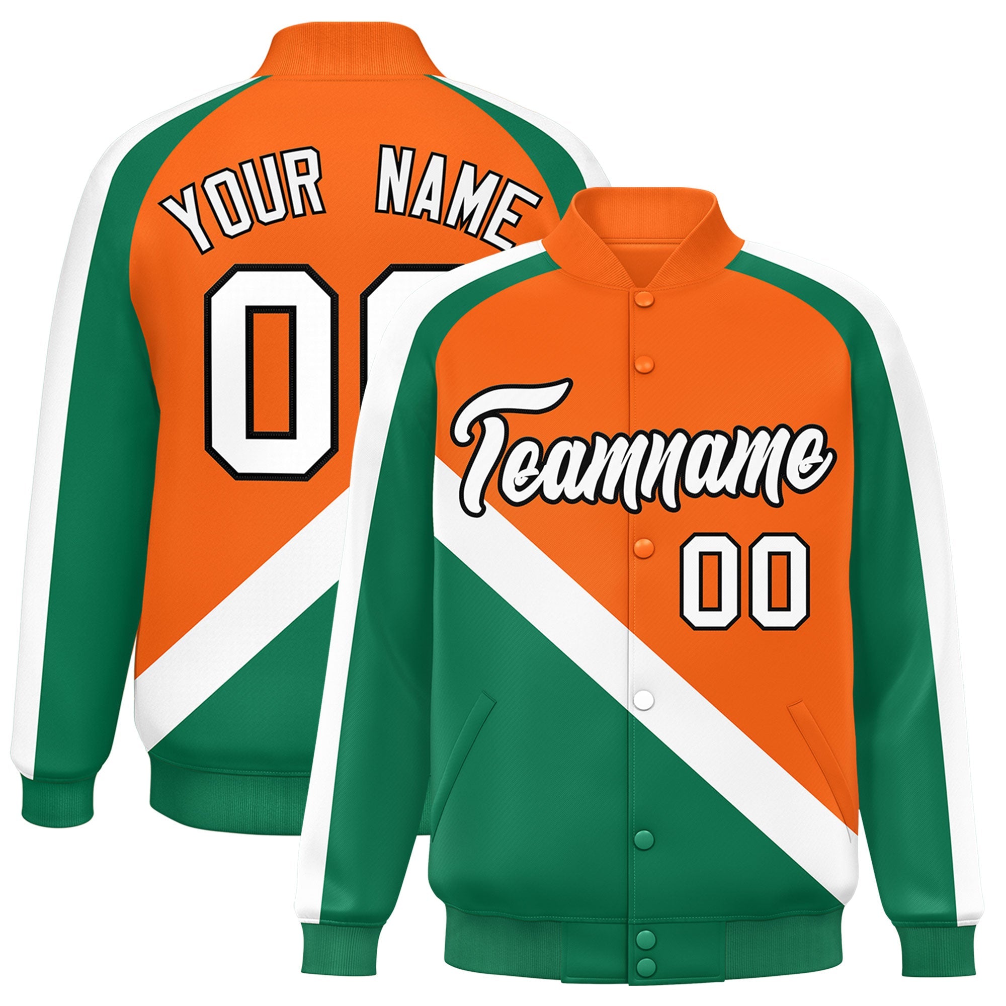 Custom Orange Kelly Green Raglan Sleeves Varsity Full-Snap Letterman Baseball Jacket