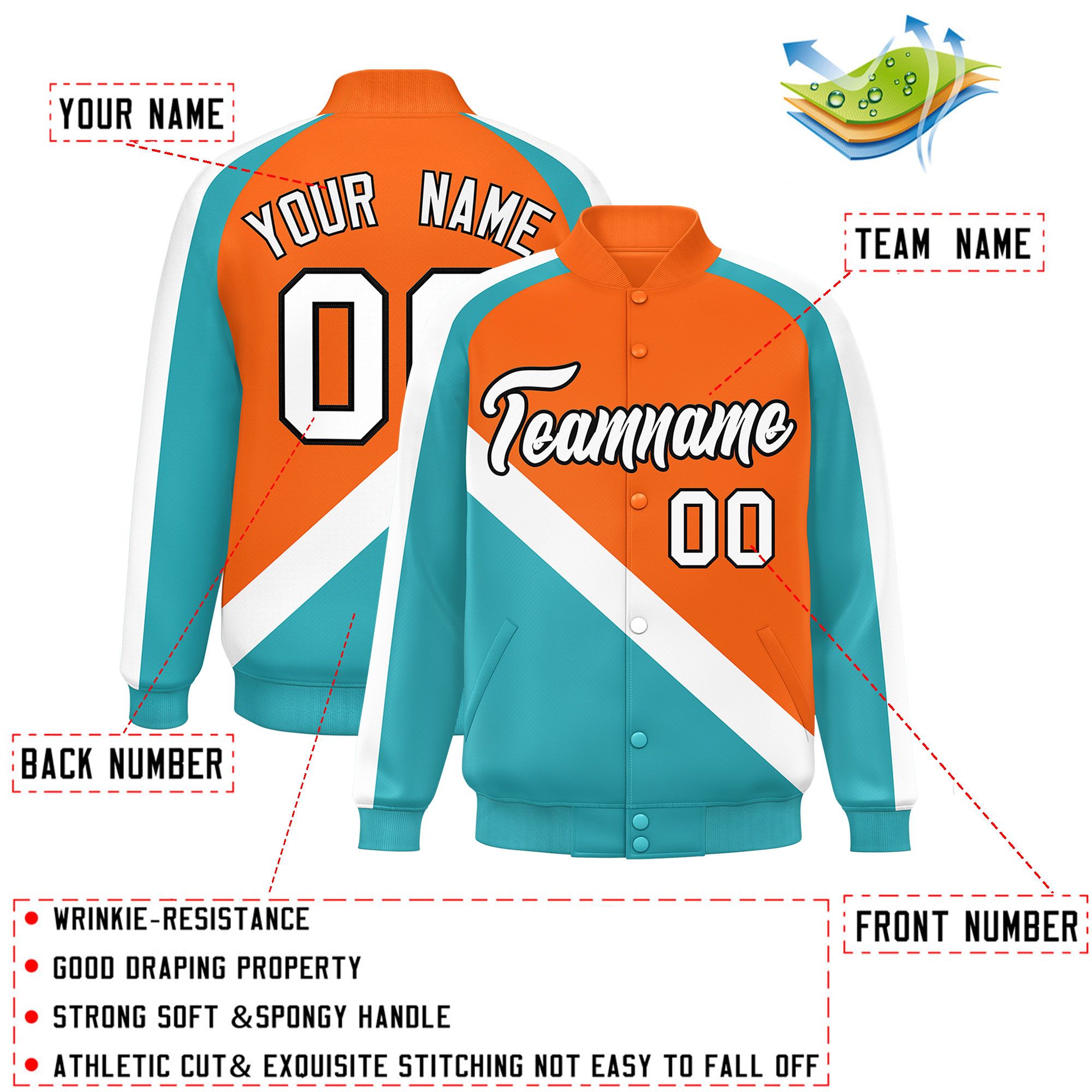 Custom Orange Aqua Raglan Sleeves Varsity Full-Snap Letterman Baseball Jacket