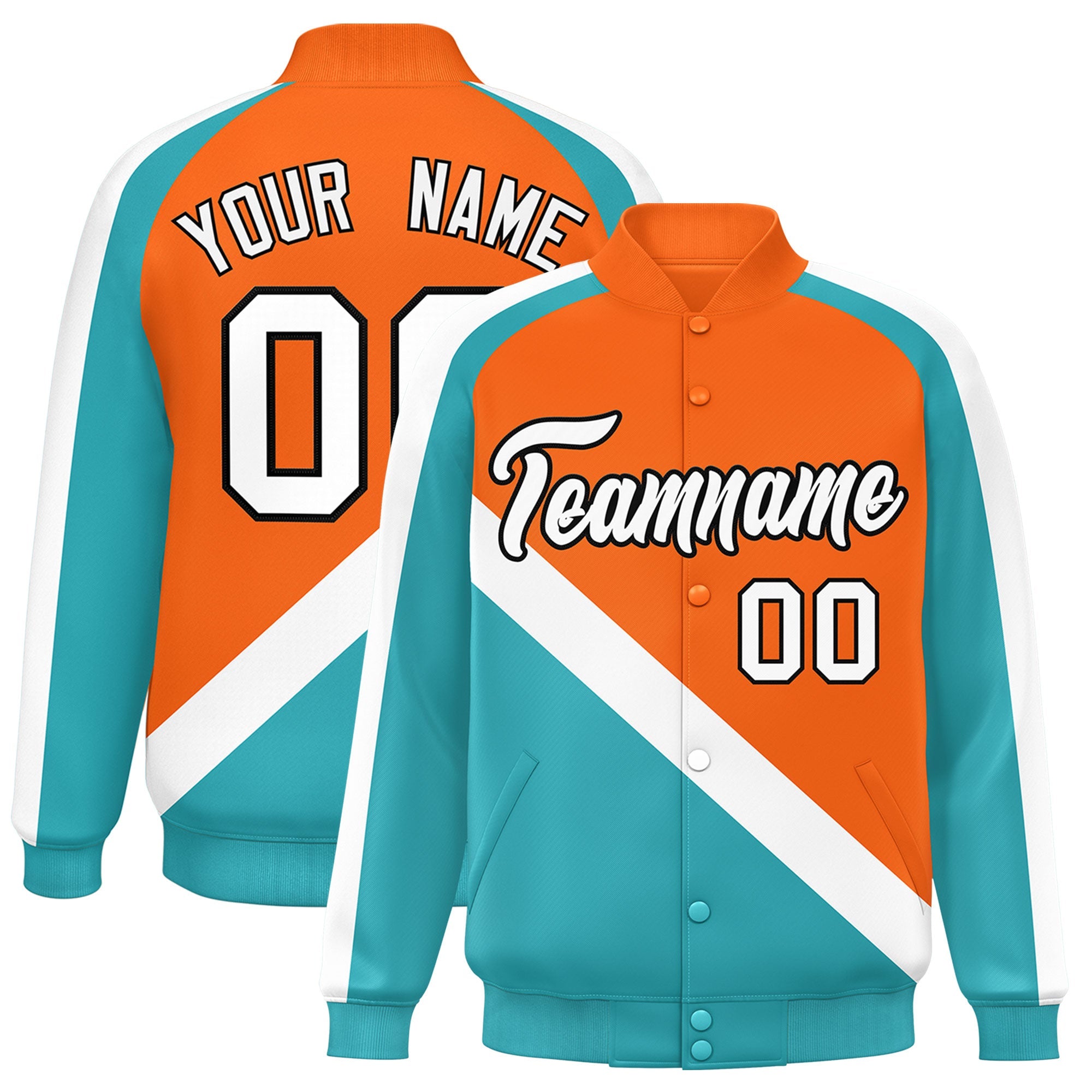 Custom Orange Aqua Raglan Sleeves Varsity Full-Snap Letterman Baseball Jacket