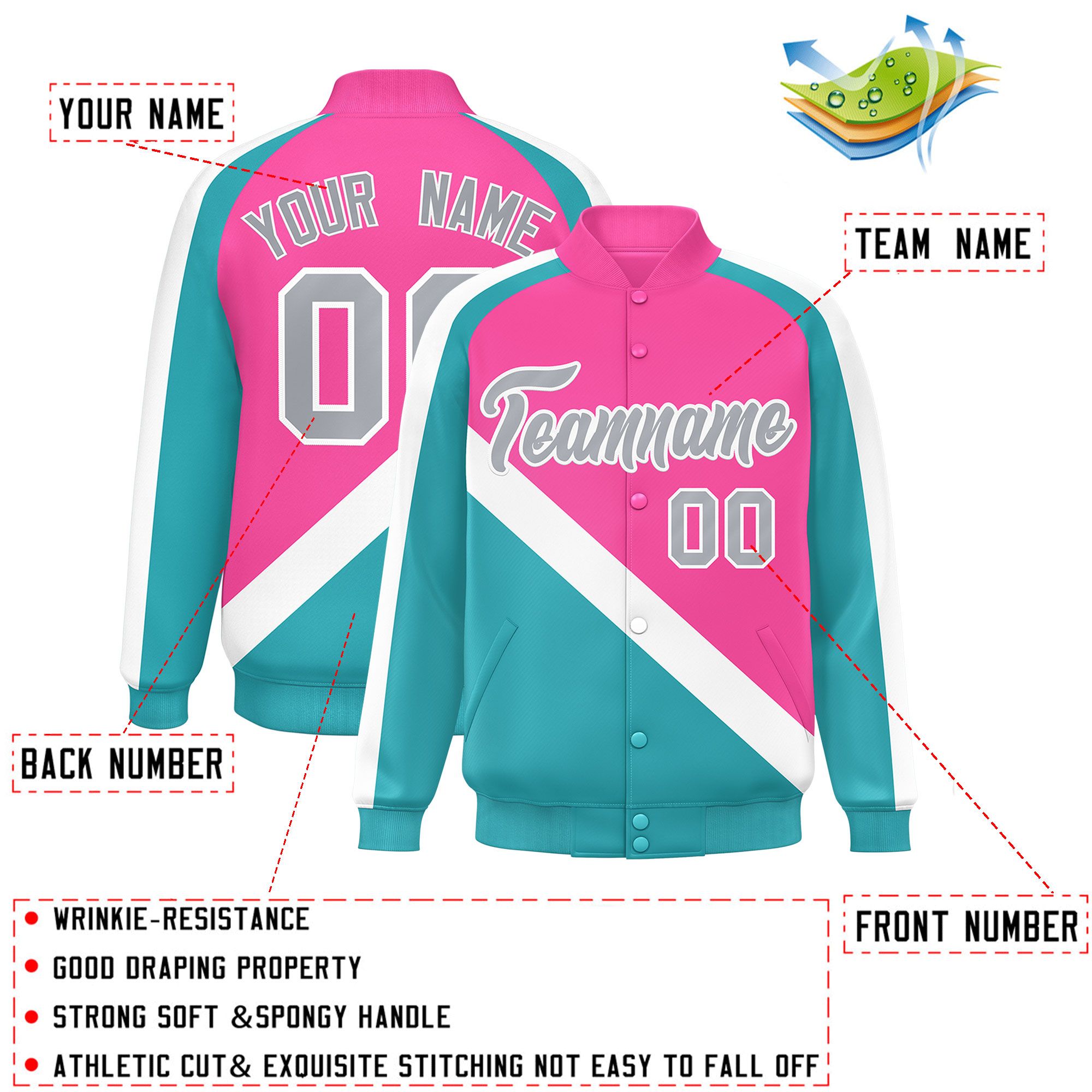 Custom Pink Aqua Raglan Sleeves Varsity Full-Snap Letterman Baseball Jacket