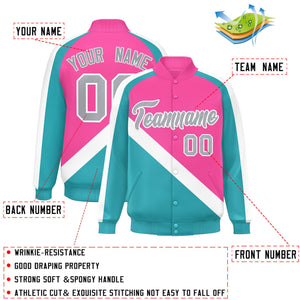 Custom Pink Aqua Raglan Sleeves Varsity Full-Snap Letterman Baseball Jacket