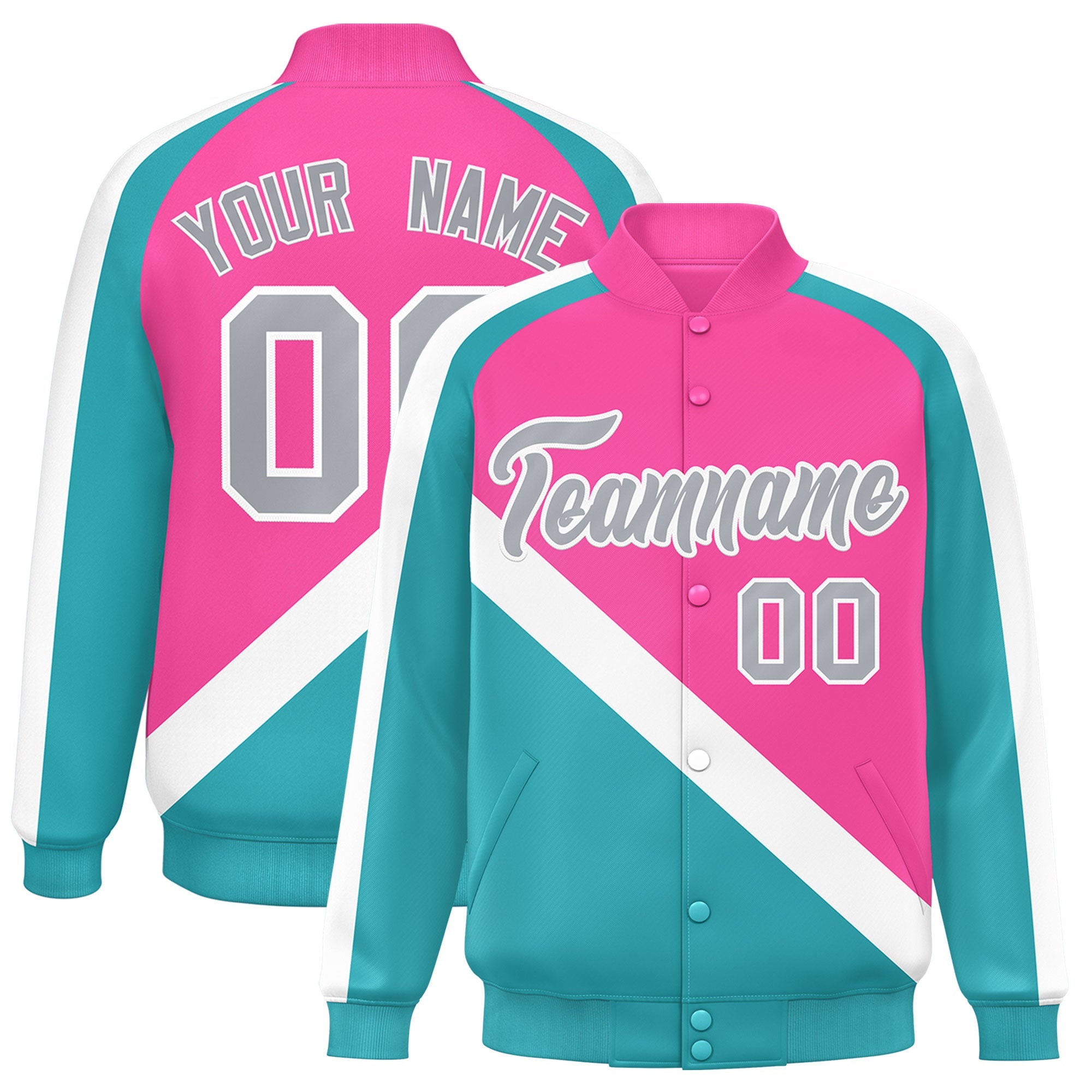 Custom Pink Aqua Raglan Sleeves Varsity Full-Snap Letterman Baseball Jacket