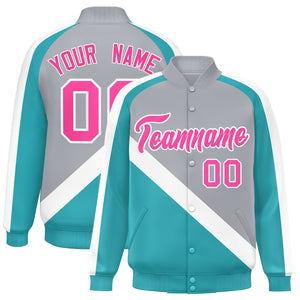 Custom Gray Aqua Raglan Sleeves Varsity Full-Snap Letterman Baseball Jacket