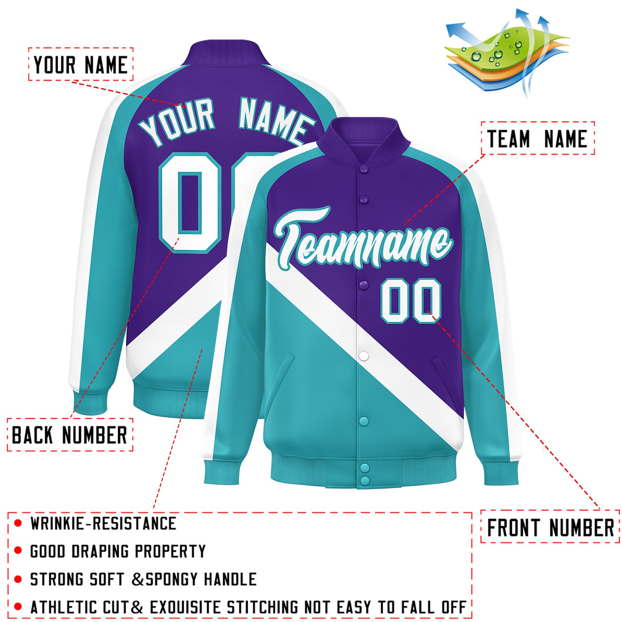 Custom Purple Aqua Raglan Sleeves Varsity Full-Snap Letterman Baseball Jacket