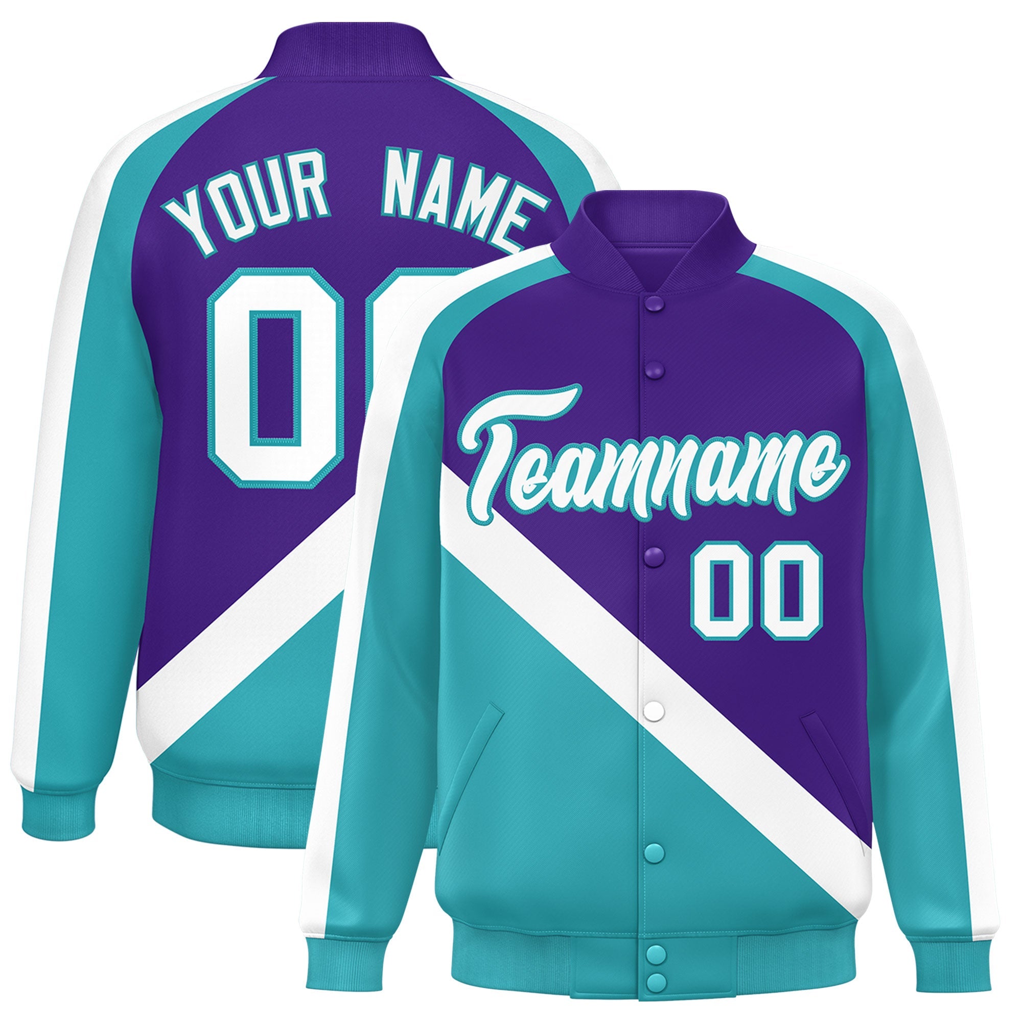 Custom Purple Aqua Raglan Sleeves Varsity Full-Snap Letterman Baseball Jacket