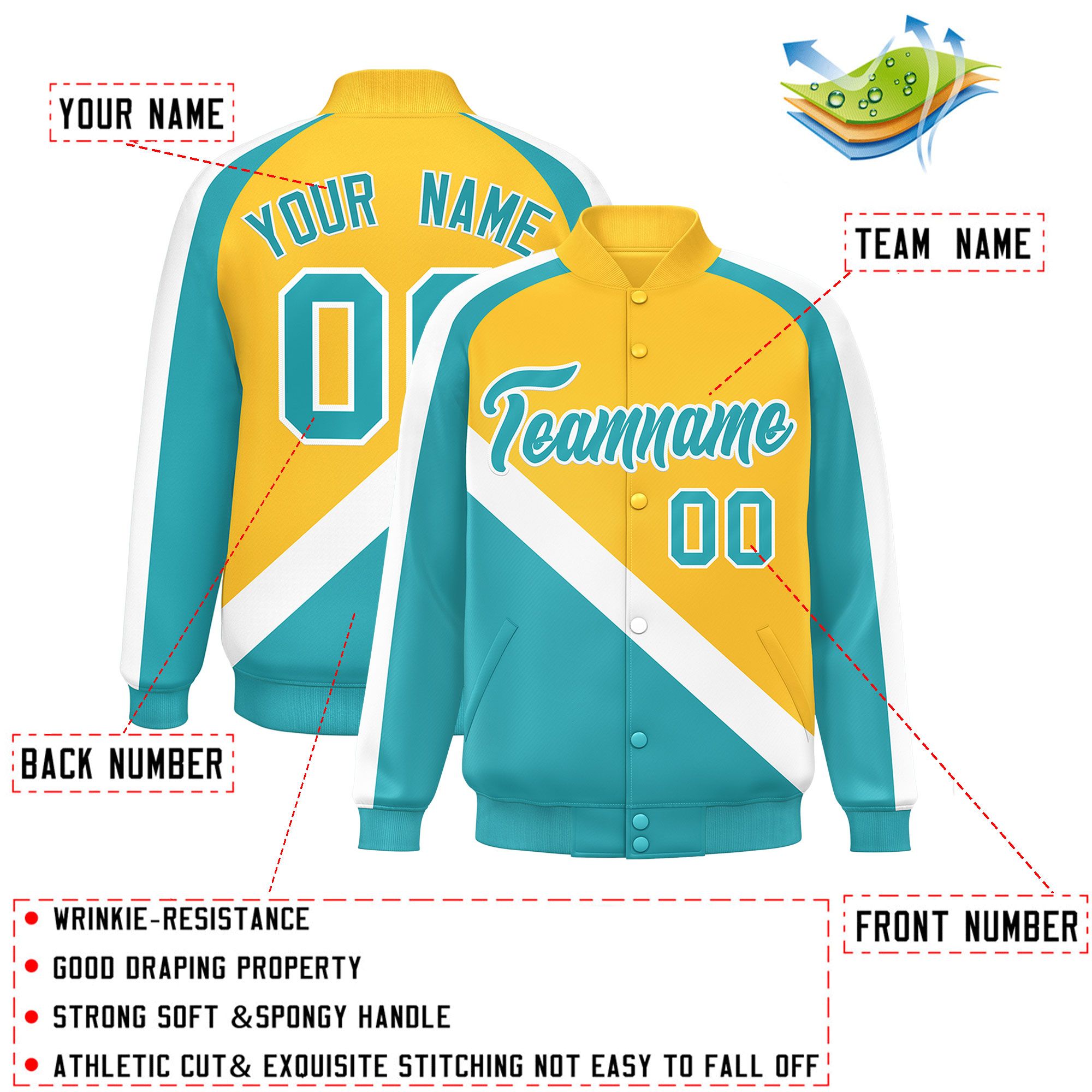 Custom Gold Aqua Raglan Sleeves Varsity Full-Snap Letterman Baseball Jacket