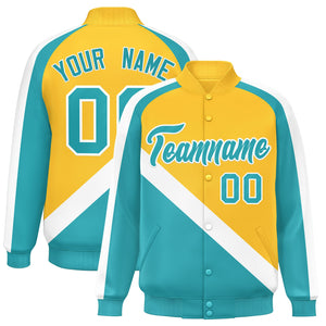 Custom Gold Aqua Raglan Sleeves Varsity Full-Snap Letterman Baseball Jacket