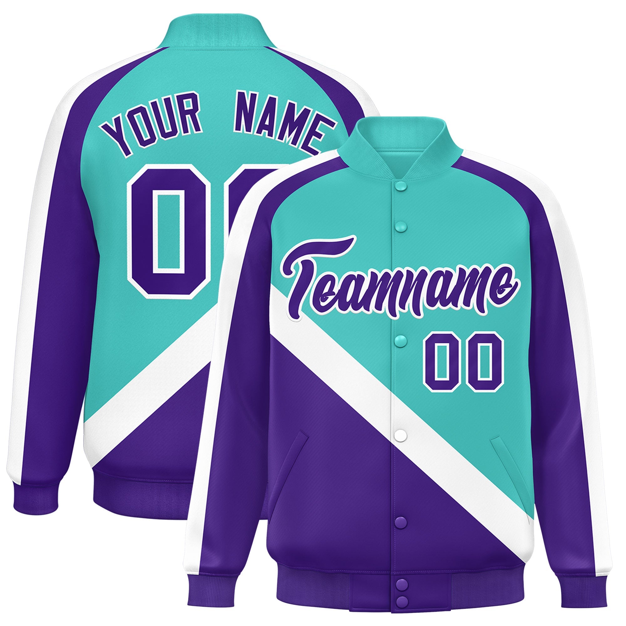 Custom Bright Green Purple Raglan Sleeves Varsity Full-Snap Letterman Baseball Jacket