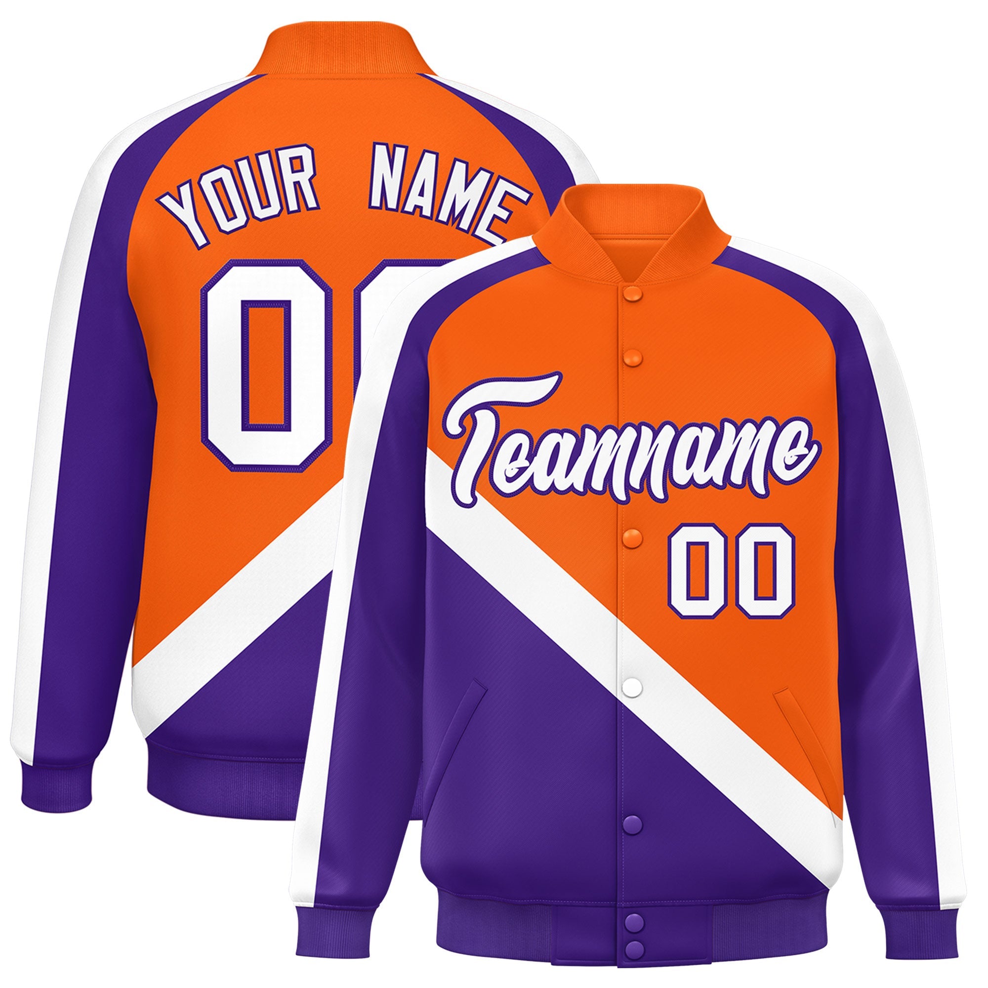 Custom Orange Purple Raglan Sleeves Varsity Full-Snap Letterman Baseball Jacket