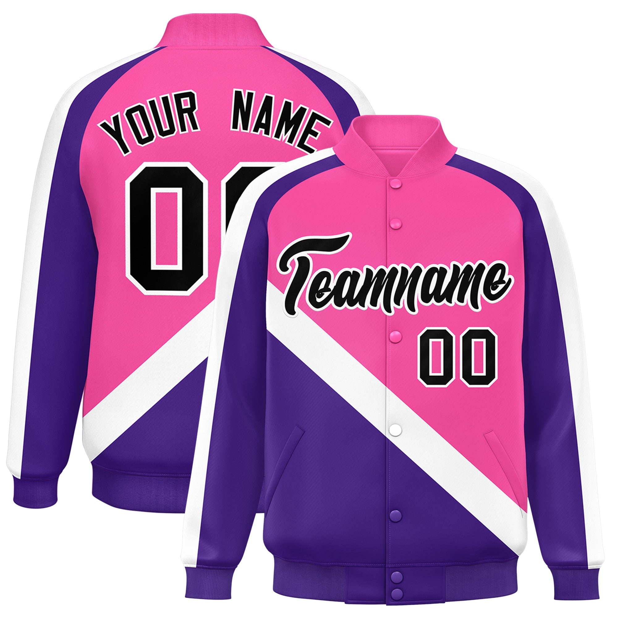 Custom Pink Purple Raglan Sleeves Varsity Full-Snap Letterman Baseball Jacket