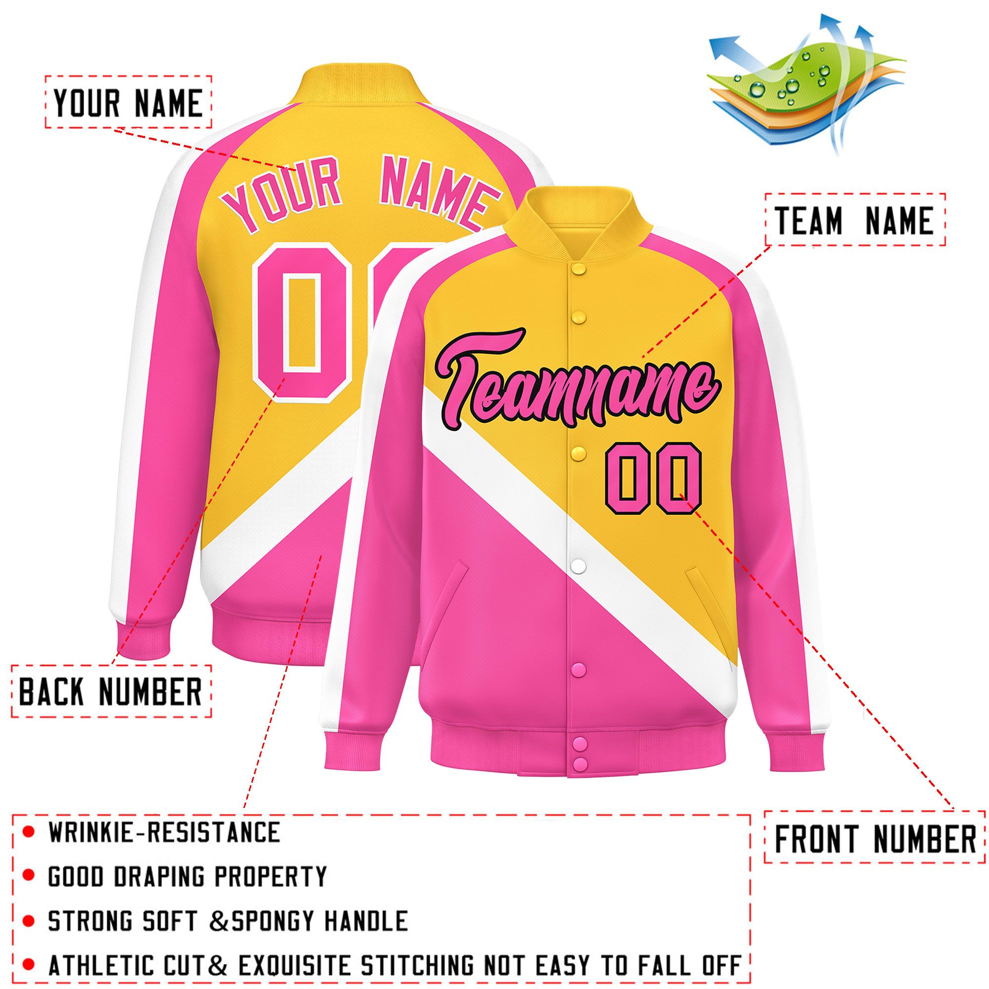 Custom Gold Pink Raglan Sleeves Varsity Full-Snap Letterman Baseball Jacket