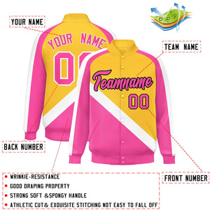 Custom Gold Pink Raglan Sleeves Varsity Full-Snap Letterman Baseball Jacket