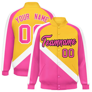 Custom Gold Pink Raglan Sleeves Varsity Full-Snap Letterman Baseball Jacket