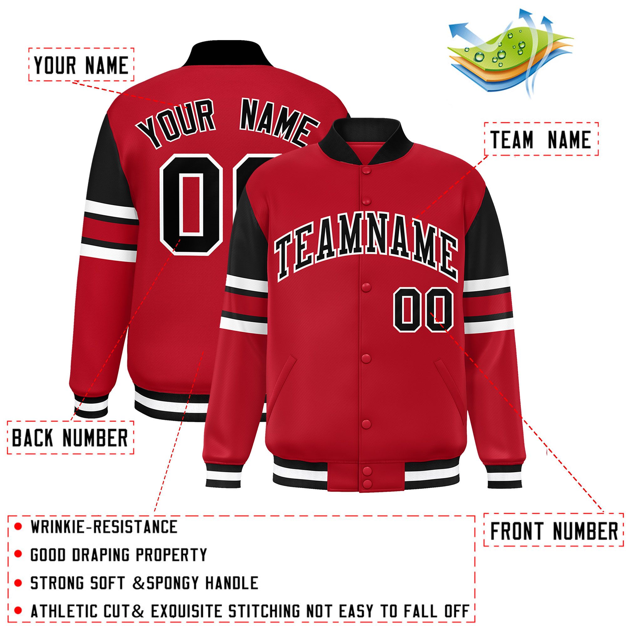 Custom Red Varsity Full-Snap Color Block Letterman Jacket