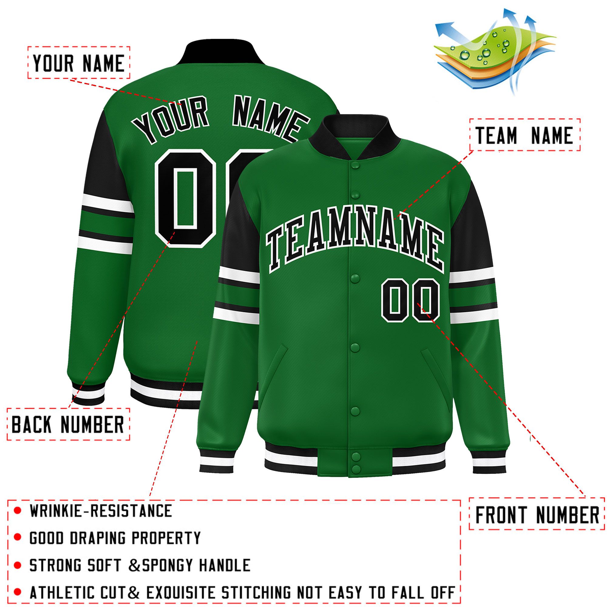 Custom Green Varsity Full-Snap Color Block Letterman Jacket