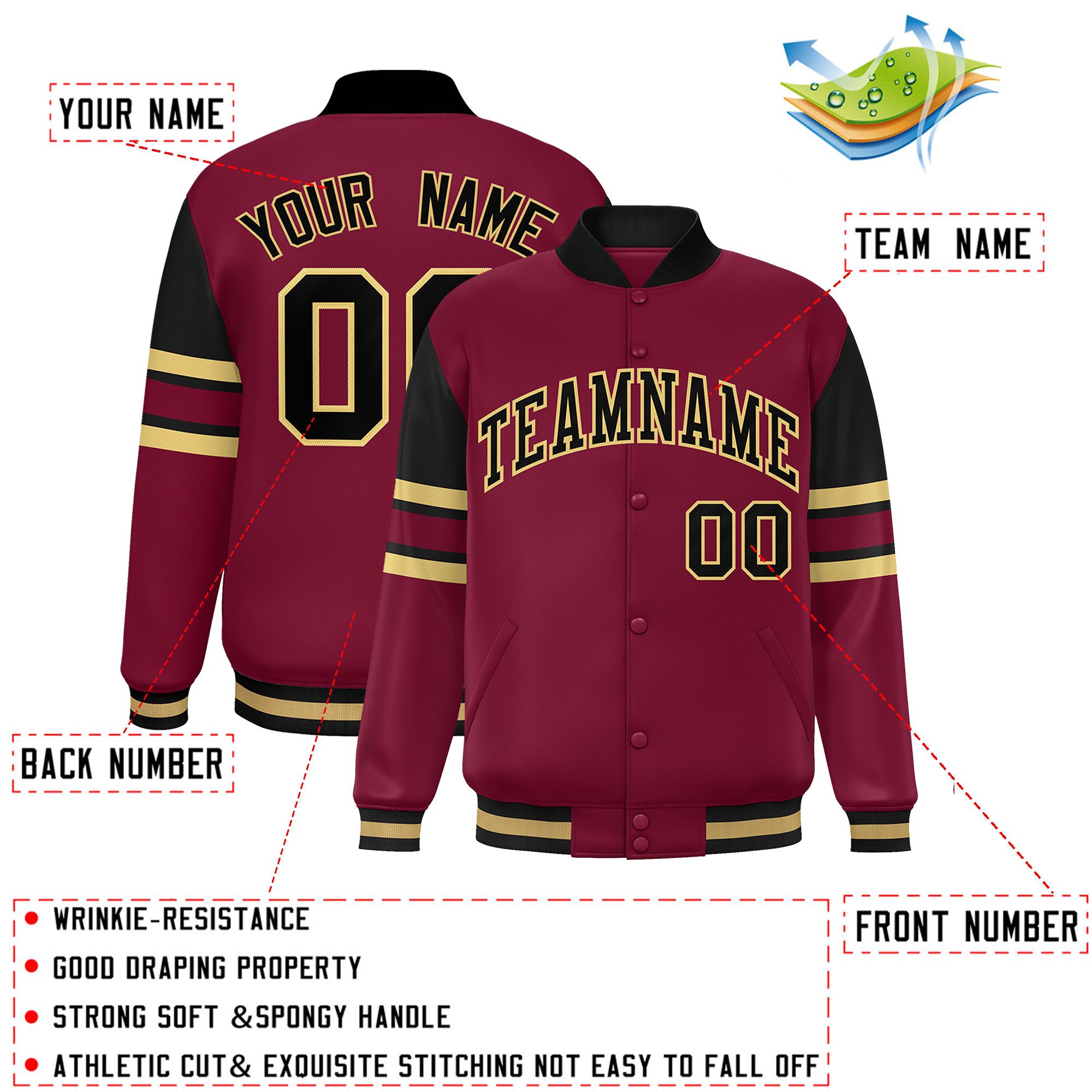 Custom Crimson Varsity Full-Snap Color Block Letterman Jacket