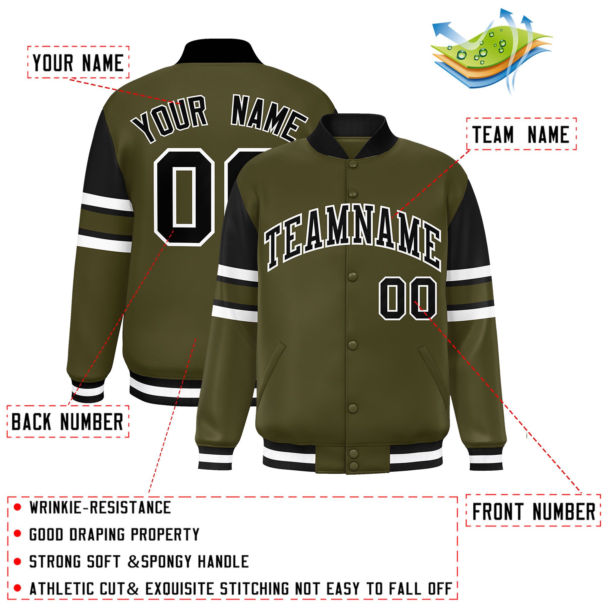 Custom Olive Varsity Full-Snap Color Block Letterman Jacket